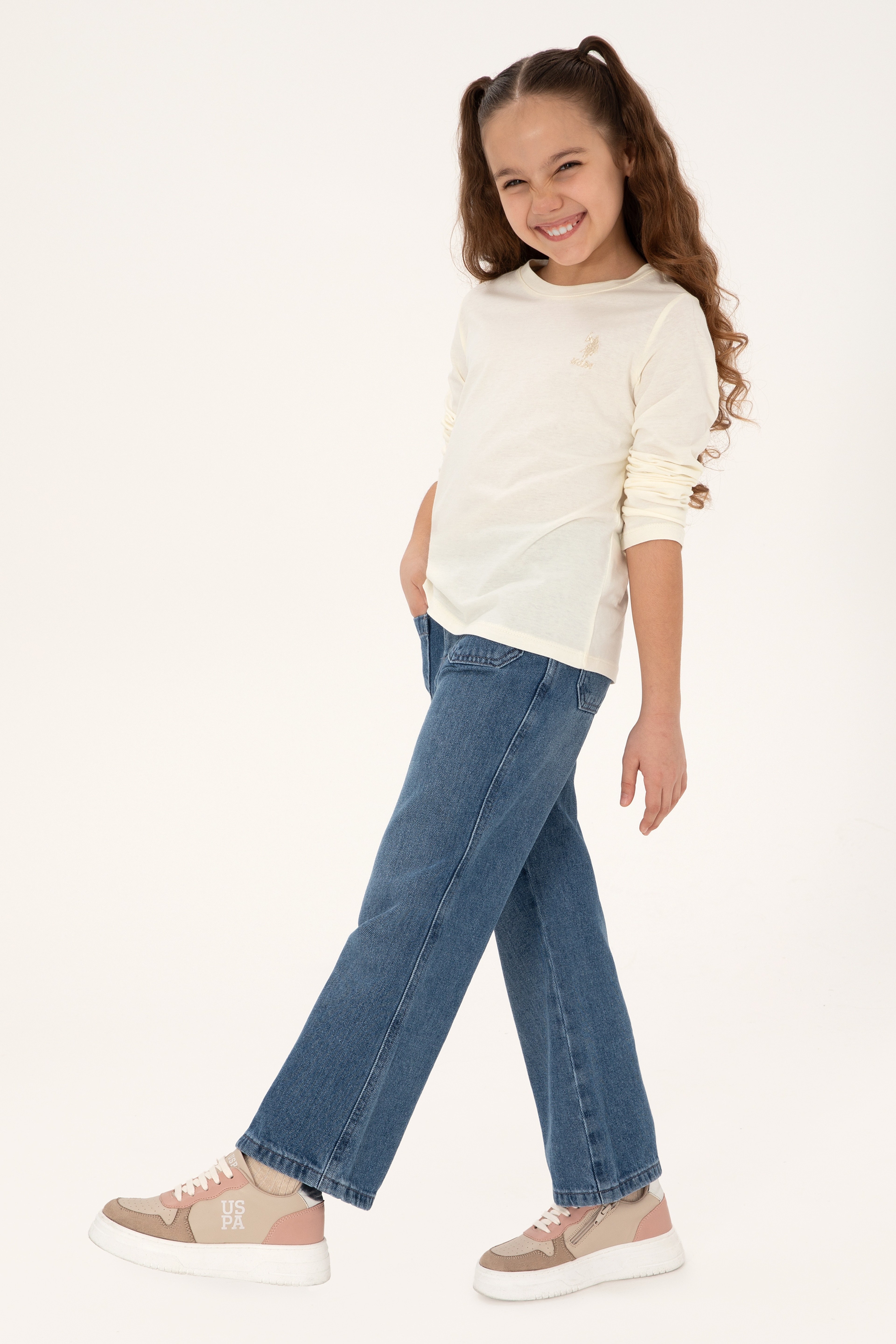 Kız Çocuk Krem Bisiklet Yaka Basic Sweatshirt