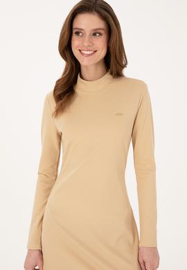 Kadın Kum Yırtmaçlı Dik Yaka Midi Boy Örme Elbise - 50297367016