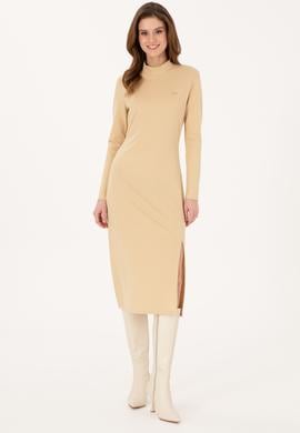 Kadın Kum Yırtmaçlı Dik Yaka Midi Boy Örme Elbise - 50297367016
