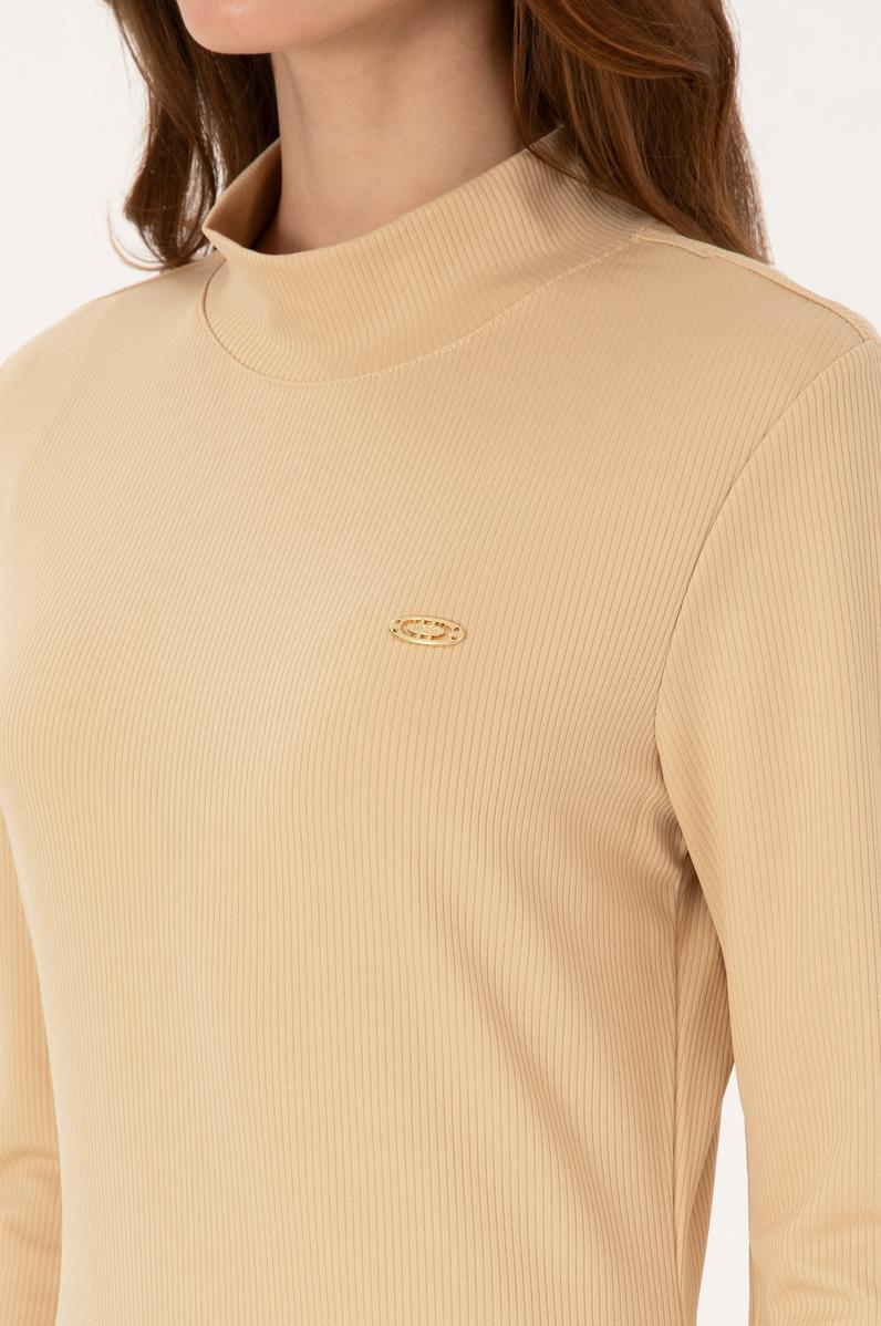 Kadın Kum Yırtmaçlı Dik Yaka Midi Boy Örme Elbise