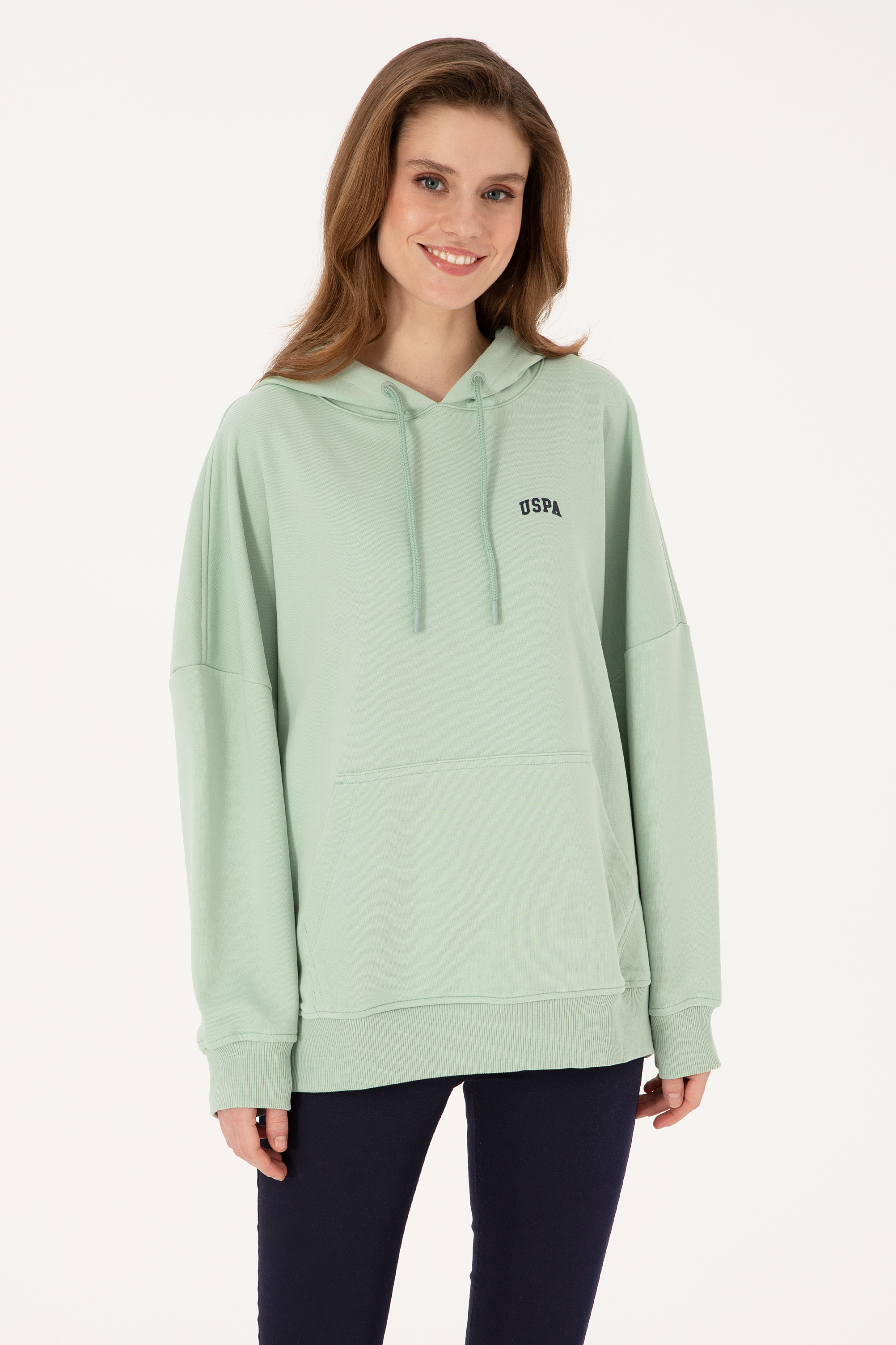 Kadın Su Yeşili Kapüşonlu Basic Sweatshirt - Image 1