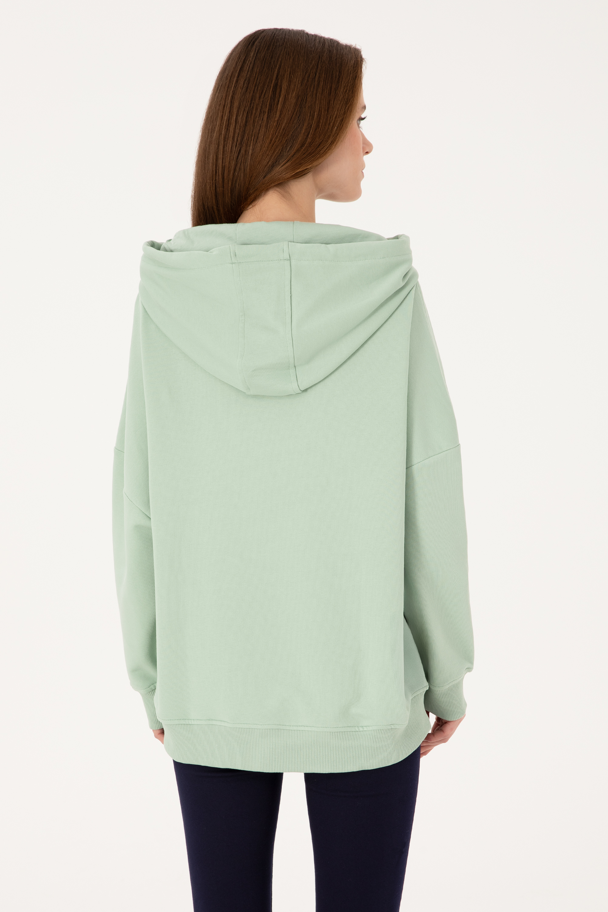 Kadın Su Yeşili Kapüşonlu Basic Sweatshirt - Image 5