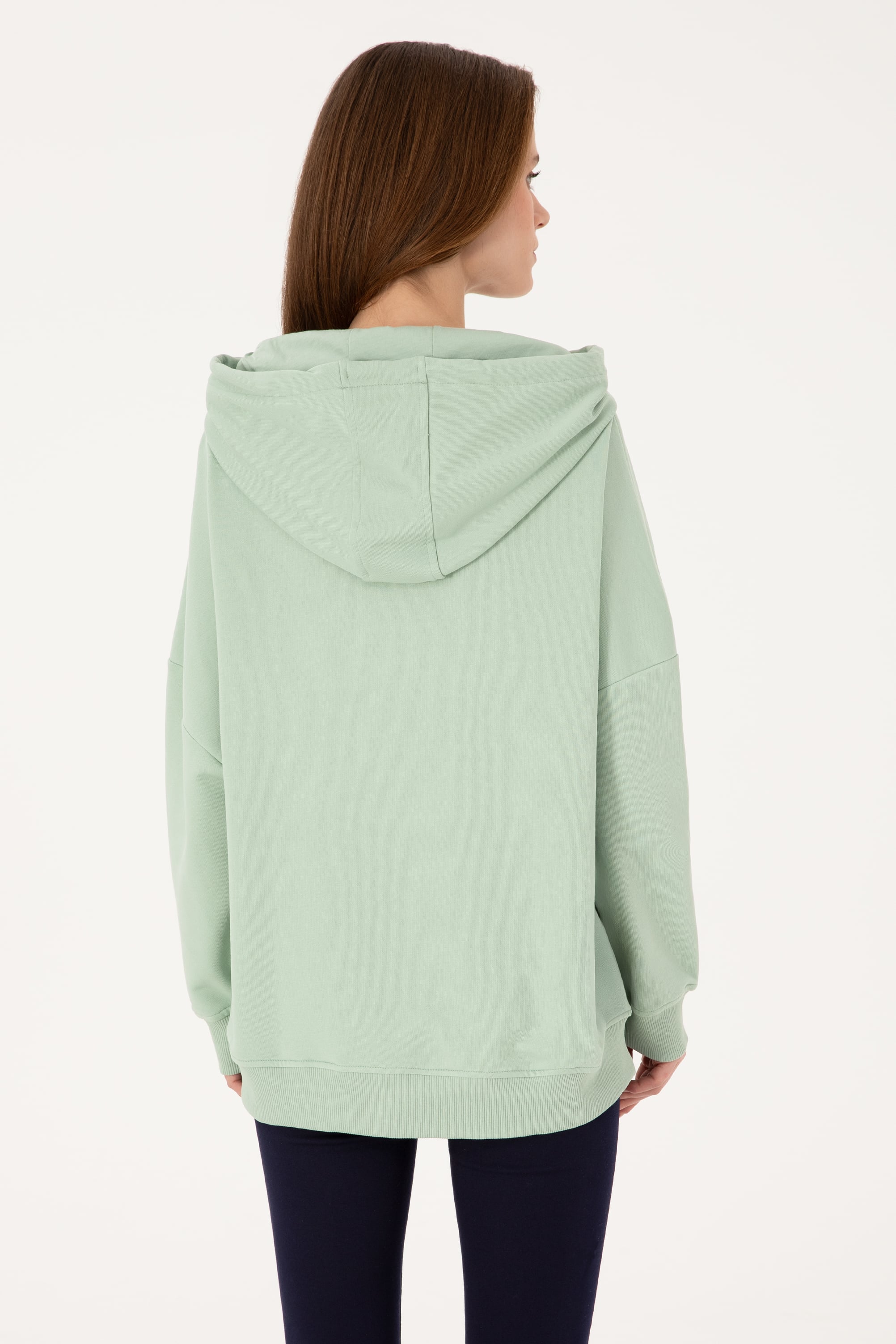 Kadın Su Yeşili Kapüşonlu Basic Sweatshirt