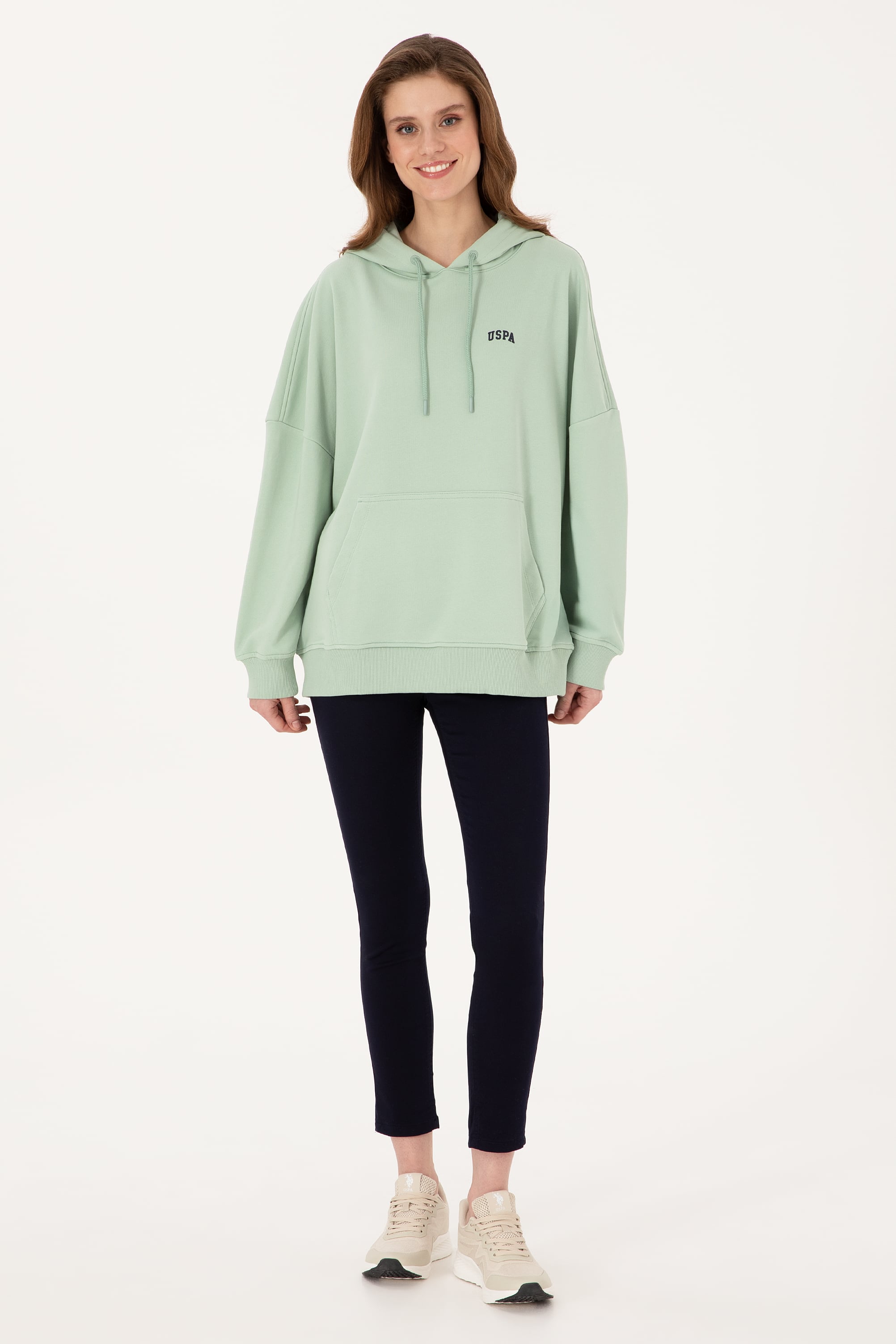 Kadın Su Yeşili Kapüşonlu Basic Sweatshirt - Image 4
