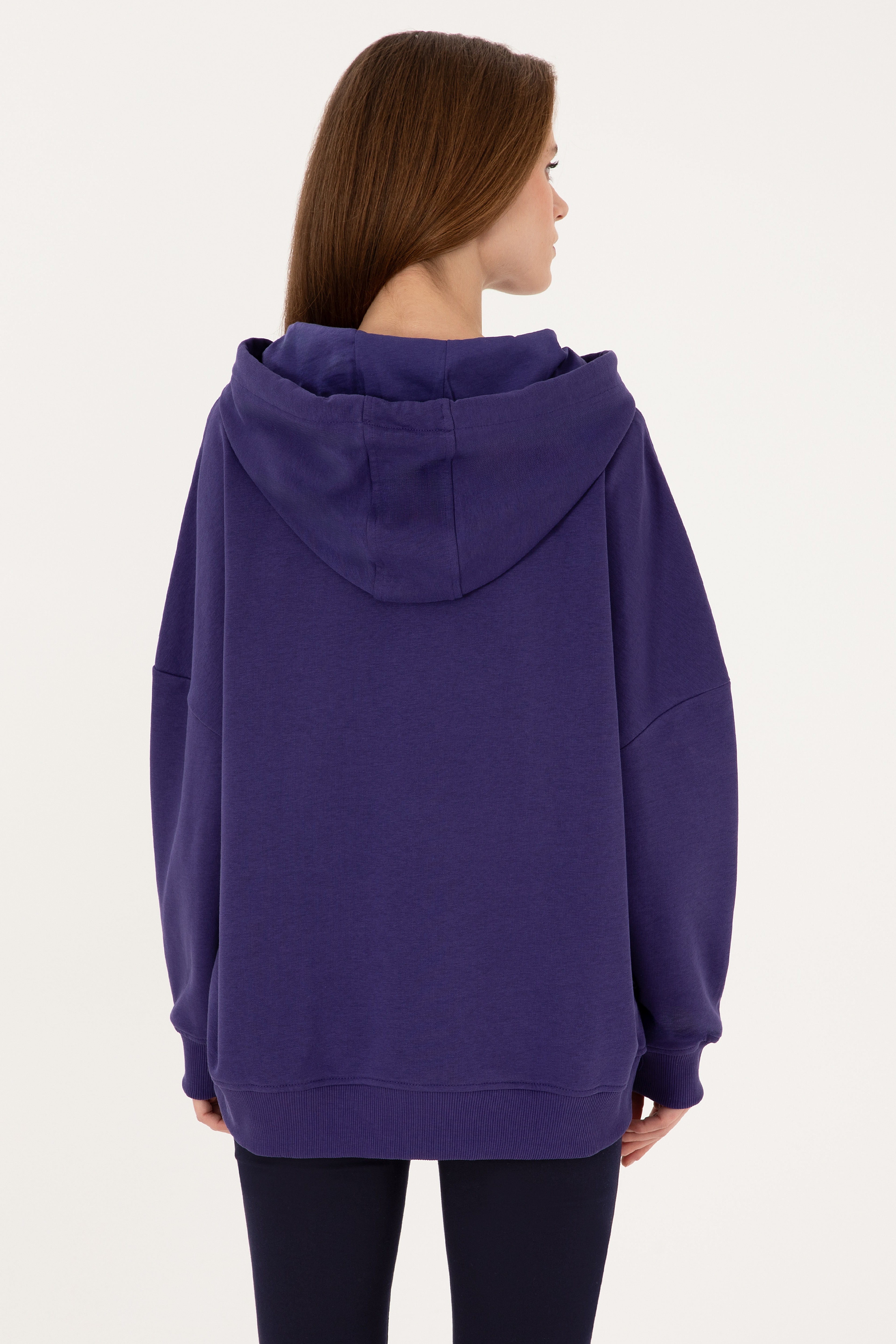 Kadın Mor Kapüşonlu Basic Sweatshirt - Image 5