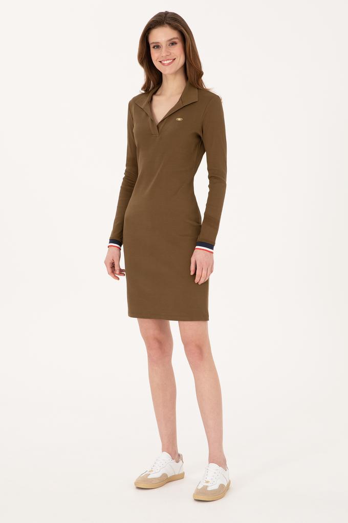 Kadın Haki Polo Yaka Mini Boy Örme Elbise