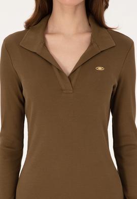 Kadın Haki Polo Yaka Mini Boy Örme Elbise - 50299041006