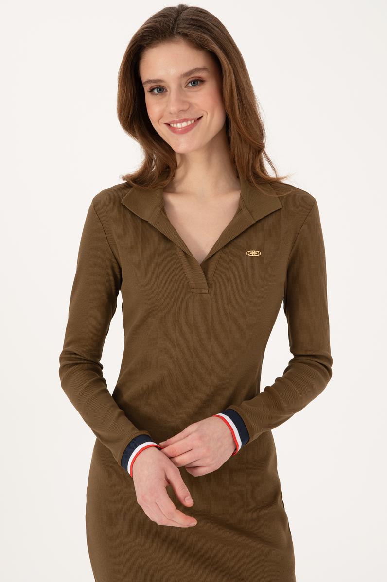 Kadın Haki Polo Yaka Mini Boy Örme Elbise