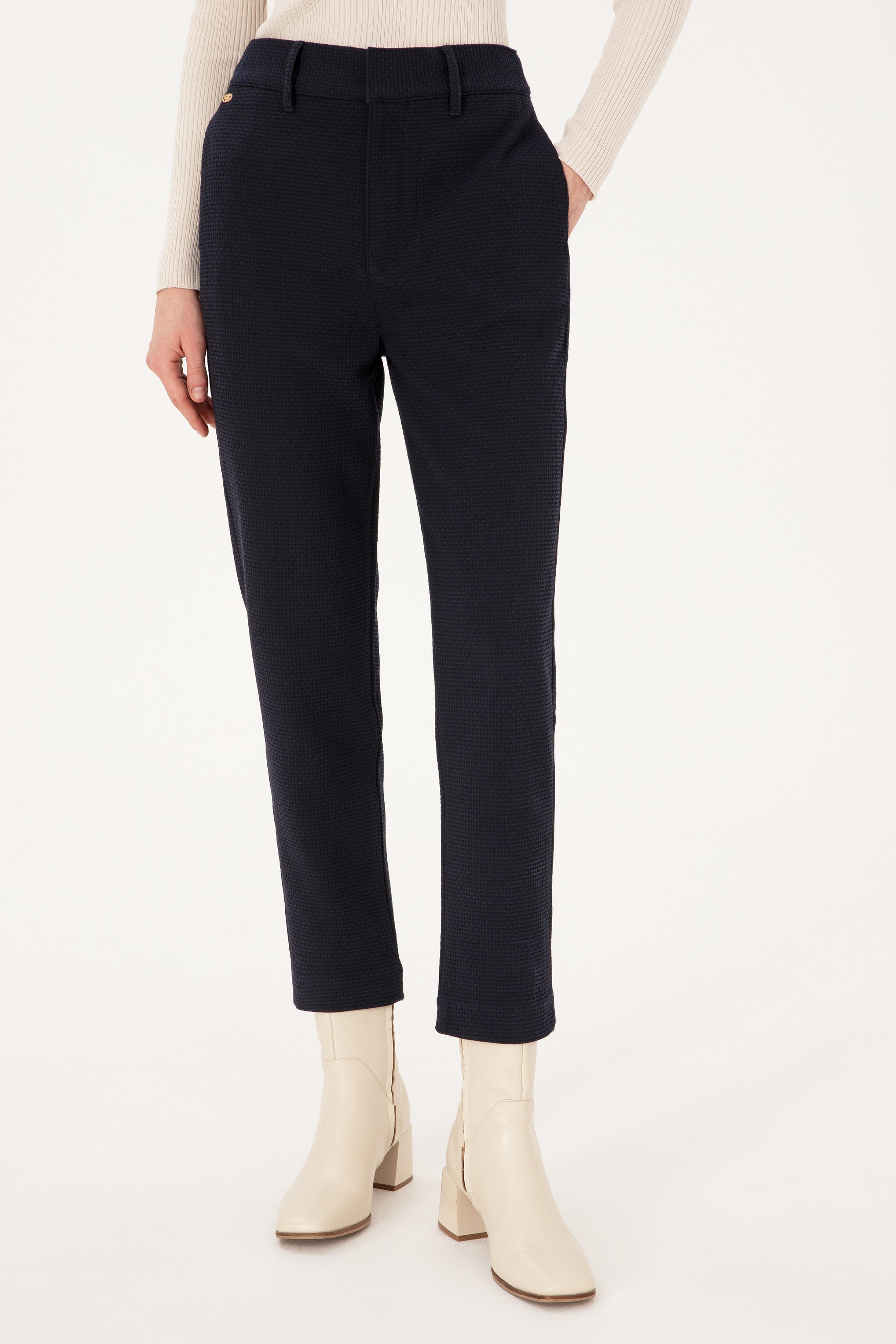 Kadın Lacivert Carrot High Waist Fit Kanvas Pantolon - Image 2