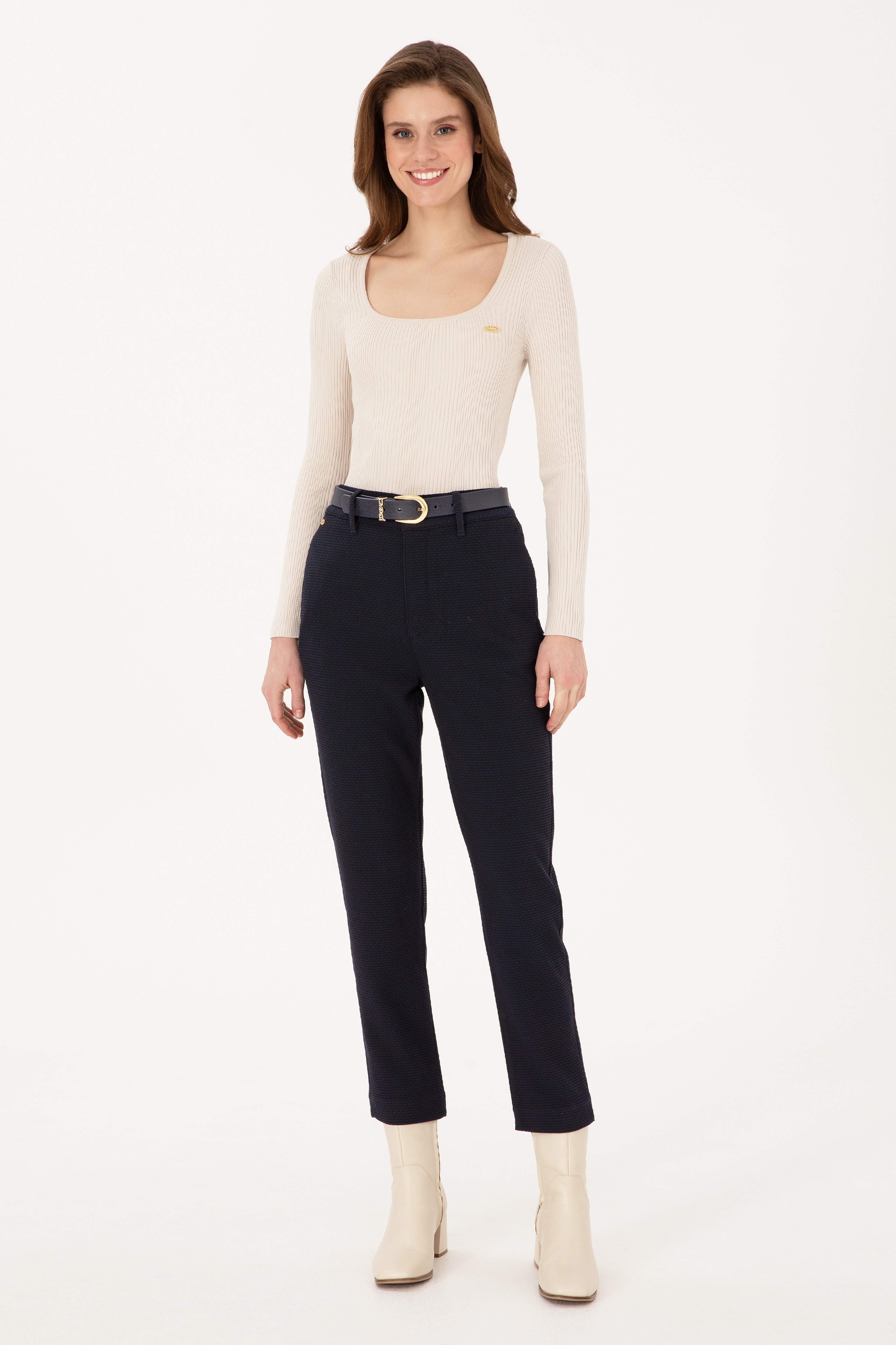 Kadın Lacivert Carrot High Waist Fit Kanvas Pantolon