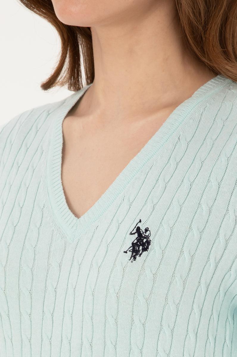 Kadın Mint V Yaka Basic Kazak