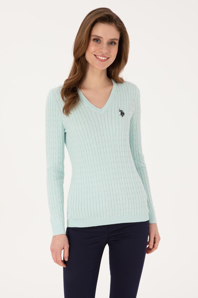 Kadın Mint V Yaka Basic Kazak