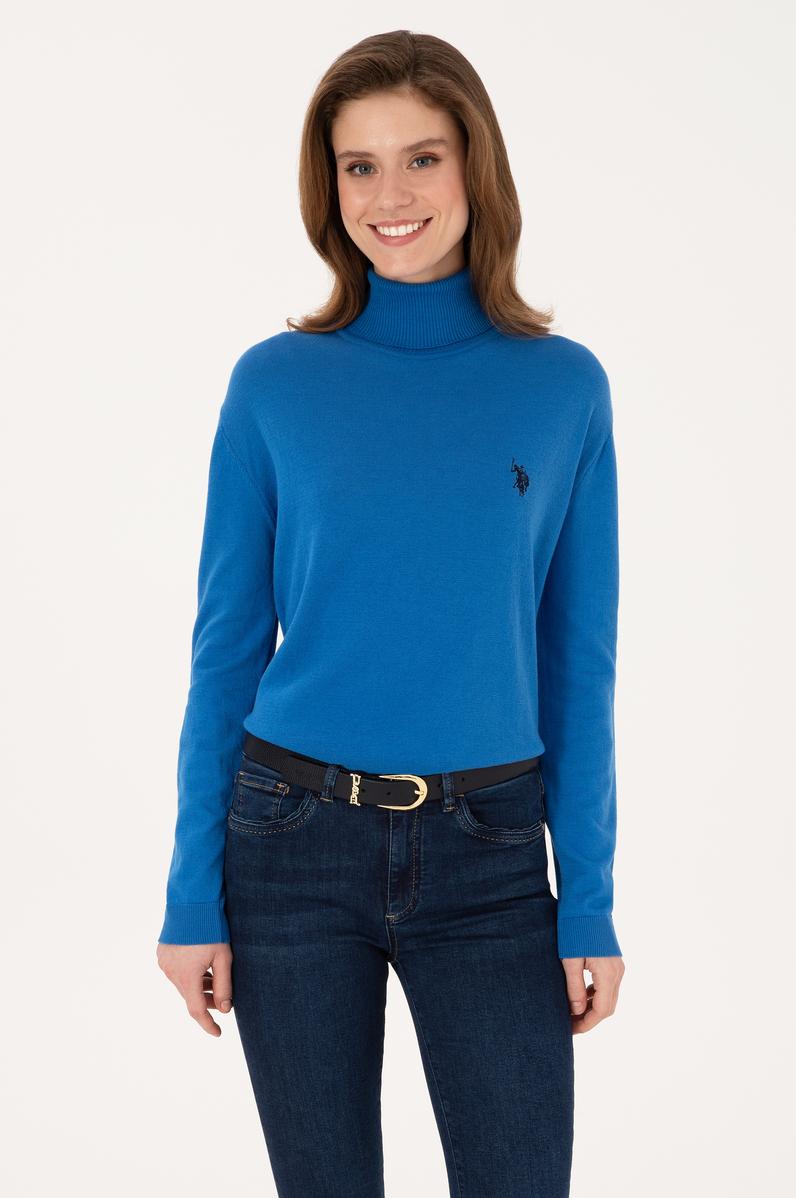 Kadın Mavi Boğazlı Basic Kazak