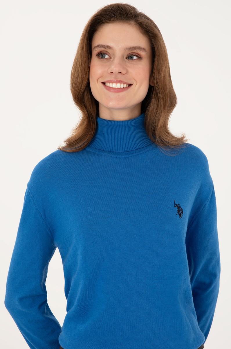 Kadın Mavi Boğazlı Basic Kazak