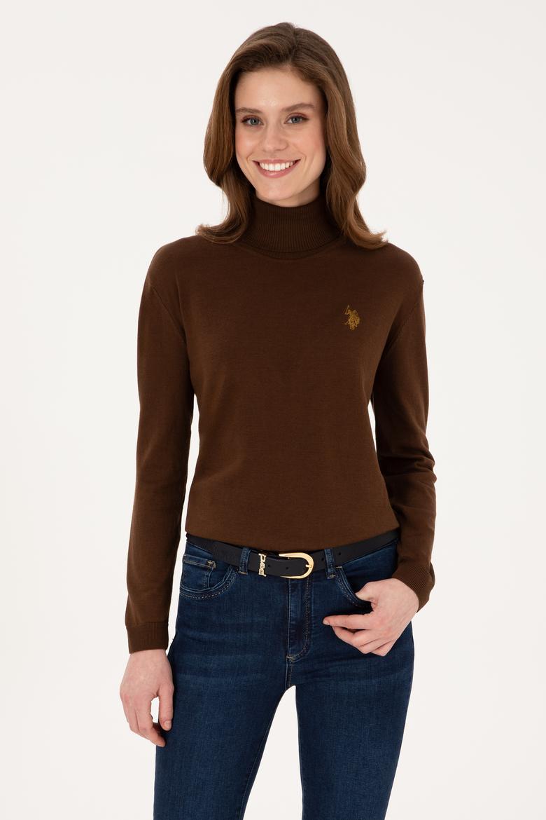 Kadın Kahverengi Boğazlı Basic Kazak