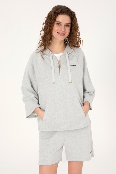 Kadın Gri Melanj Kapüşonlu Yarım Fermuarlı Basic Sweatshirt