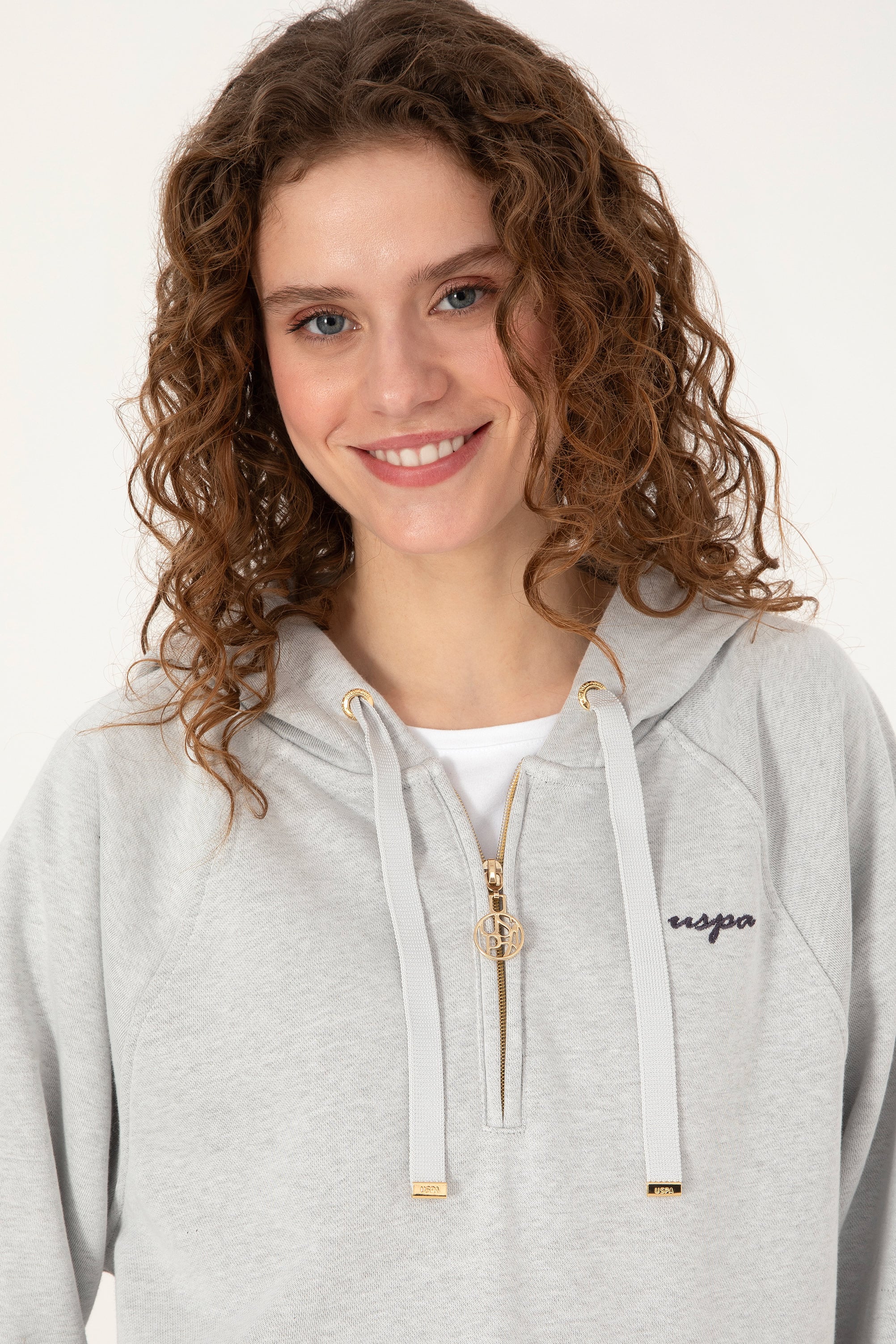 Kadın Gri Melanj Kapüşonlu Yarım Fermuarlı Basic Sweatshirt - Image 2