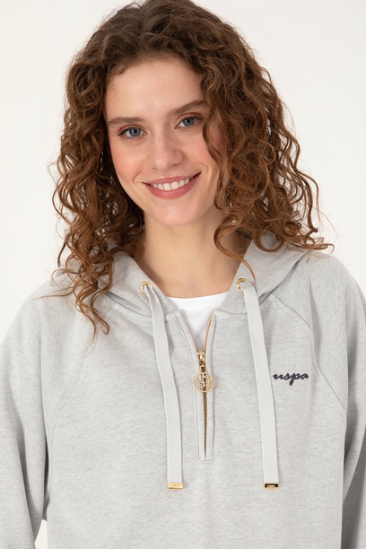 Kadın Gri Melanj Kapüşonlu Yarım Fermuarlı Basic Sweatshirt