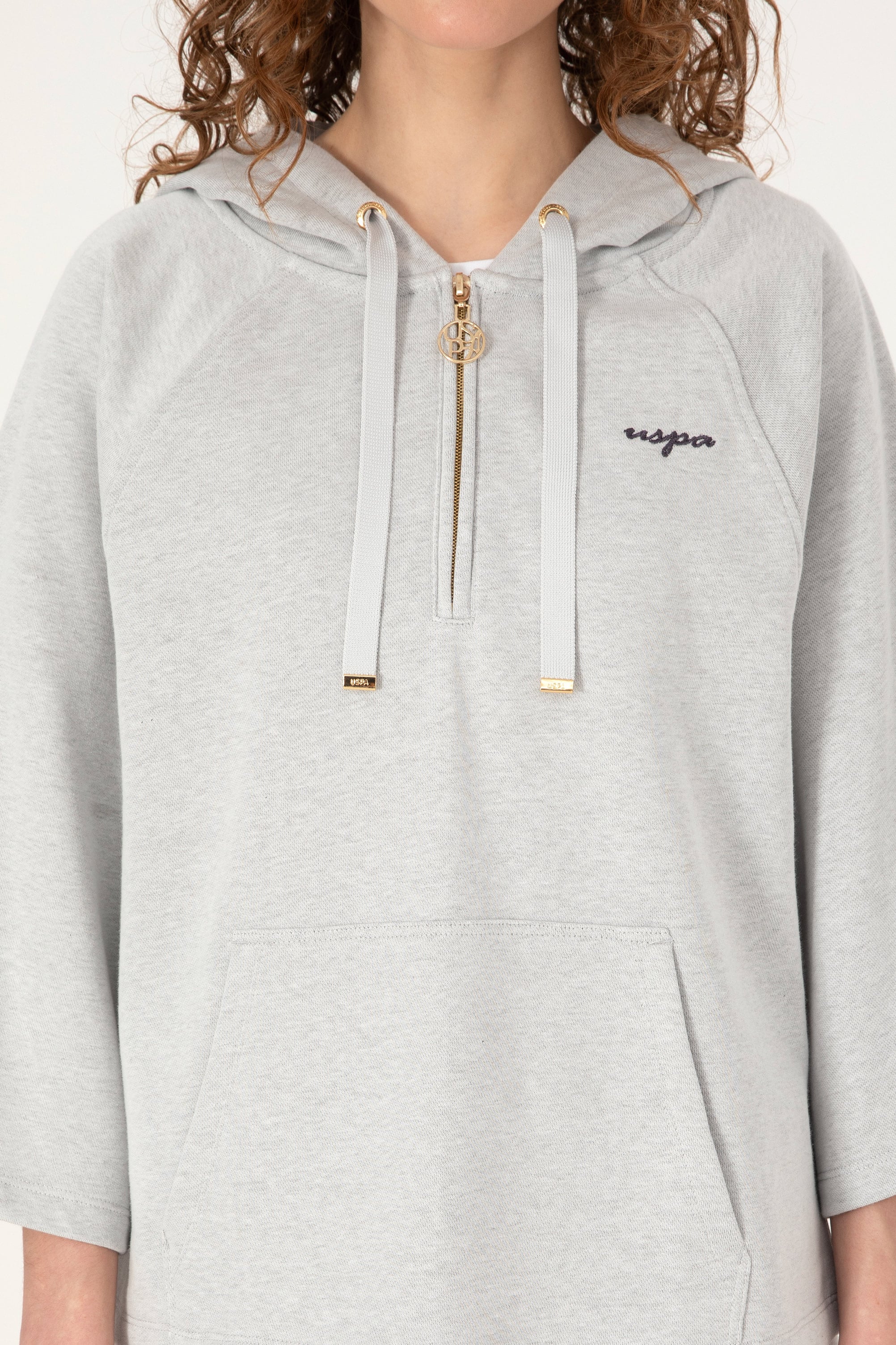 Kadın Gri Melanj Kapüşonlu Yarım Fermuarlı Basic Sweatshirt