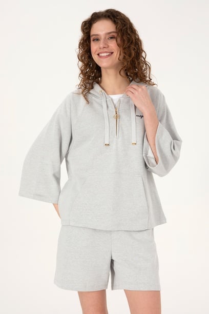 Kadın Gri Melanj Kapüşonlu Yarım Fermuarlı Basic Sweatshirt