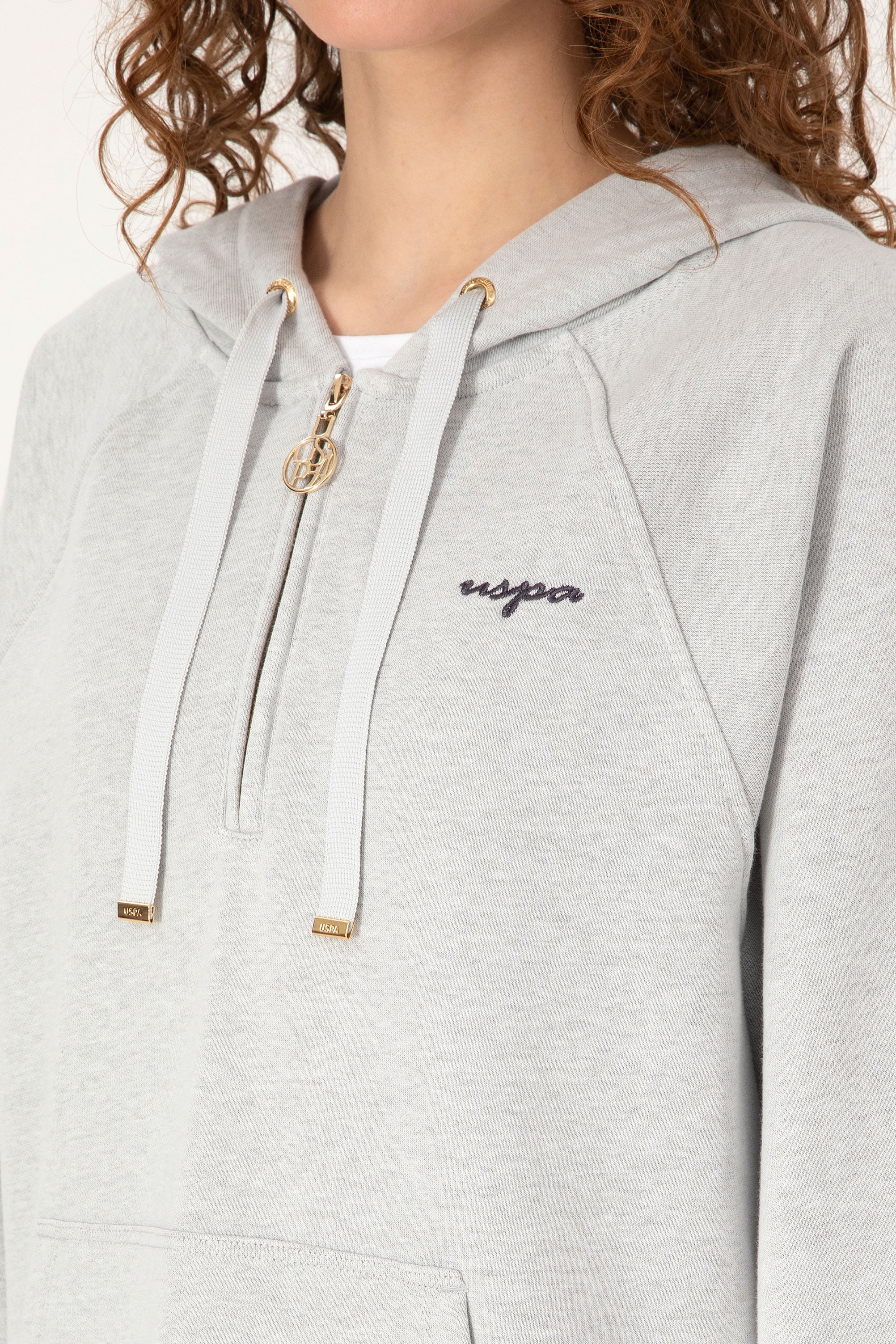 Kadın Gri Melanj Kapüşonlu Yarım Fermuarlı Basic Sweatshirt - Image 7