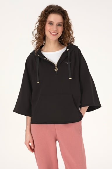 Kadın Siyah Kapüşonlu Yarım Fermuarlı Basic Sweatshirt