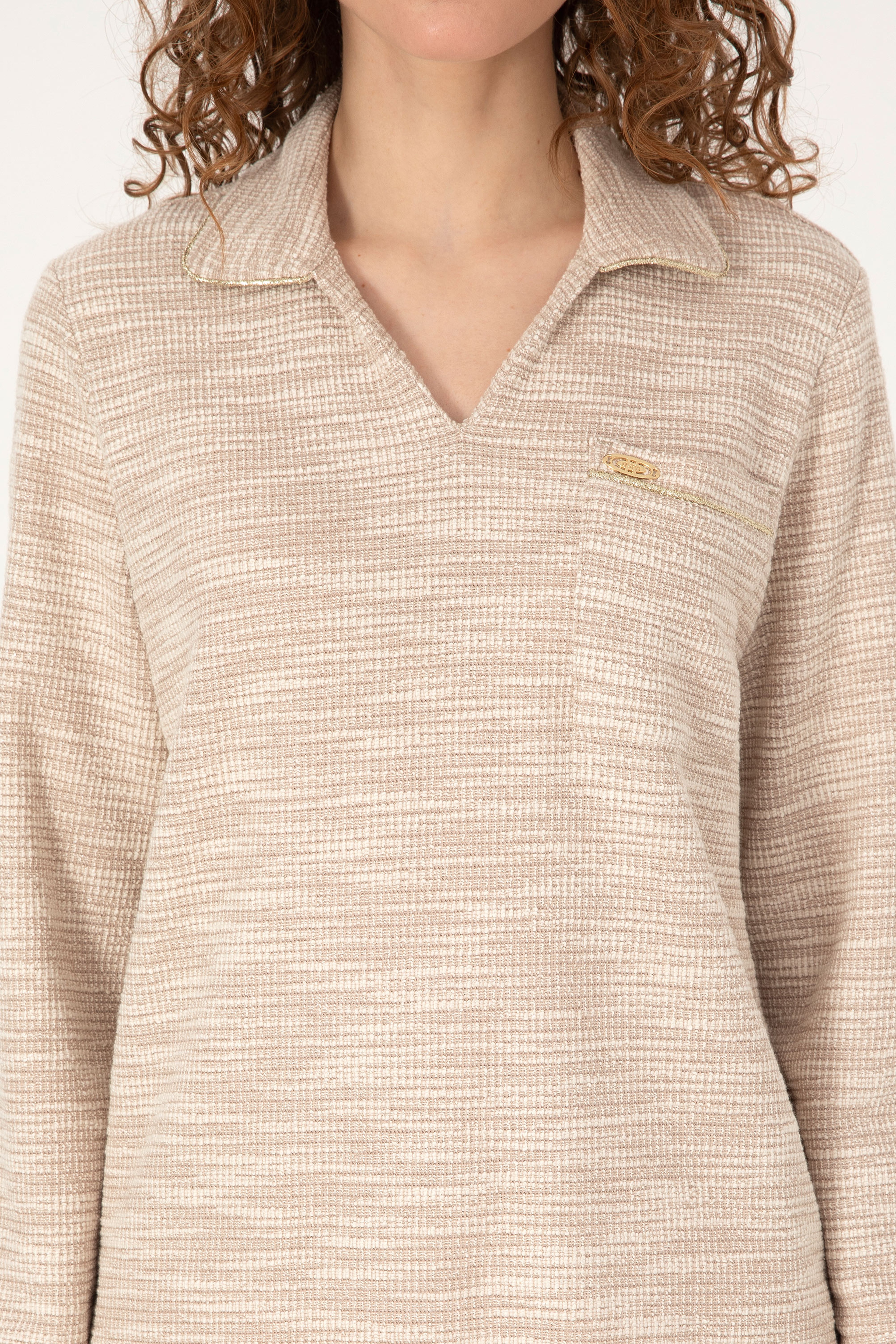 Kadın Krem Polo Yaka Sweatshirt - Image 6