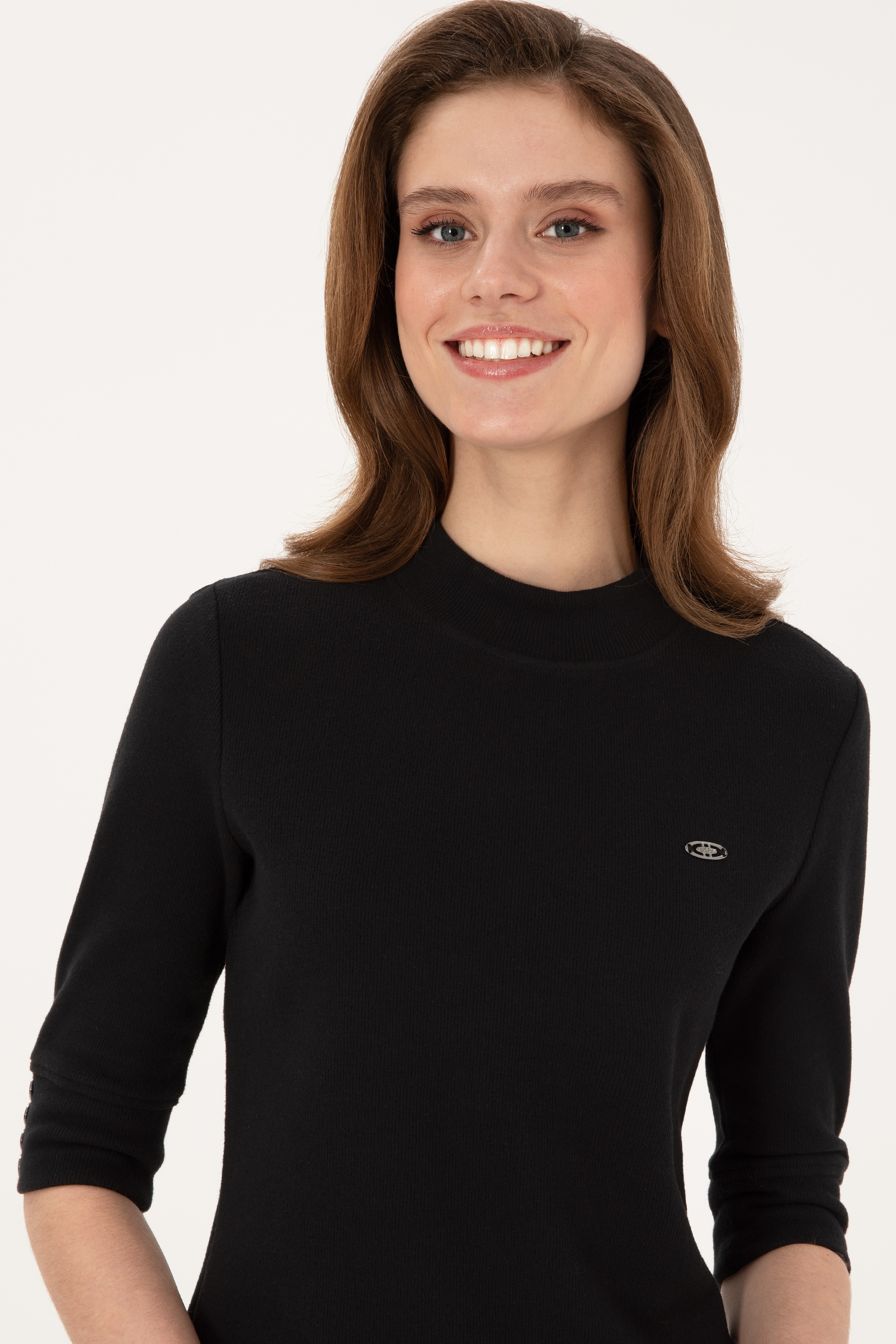Kadın Siyah Düğme Detaylı Balıkçı Yaka Sweatshirt - Image 2