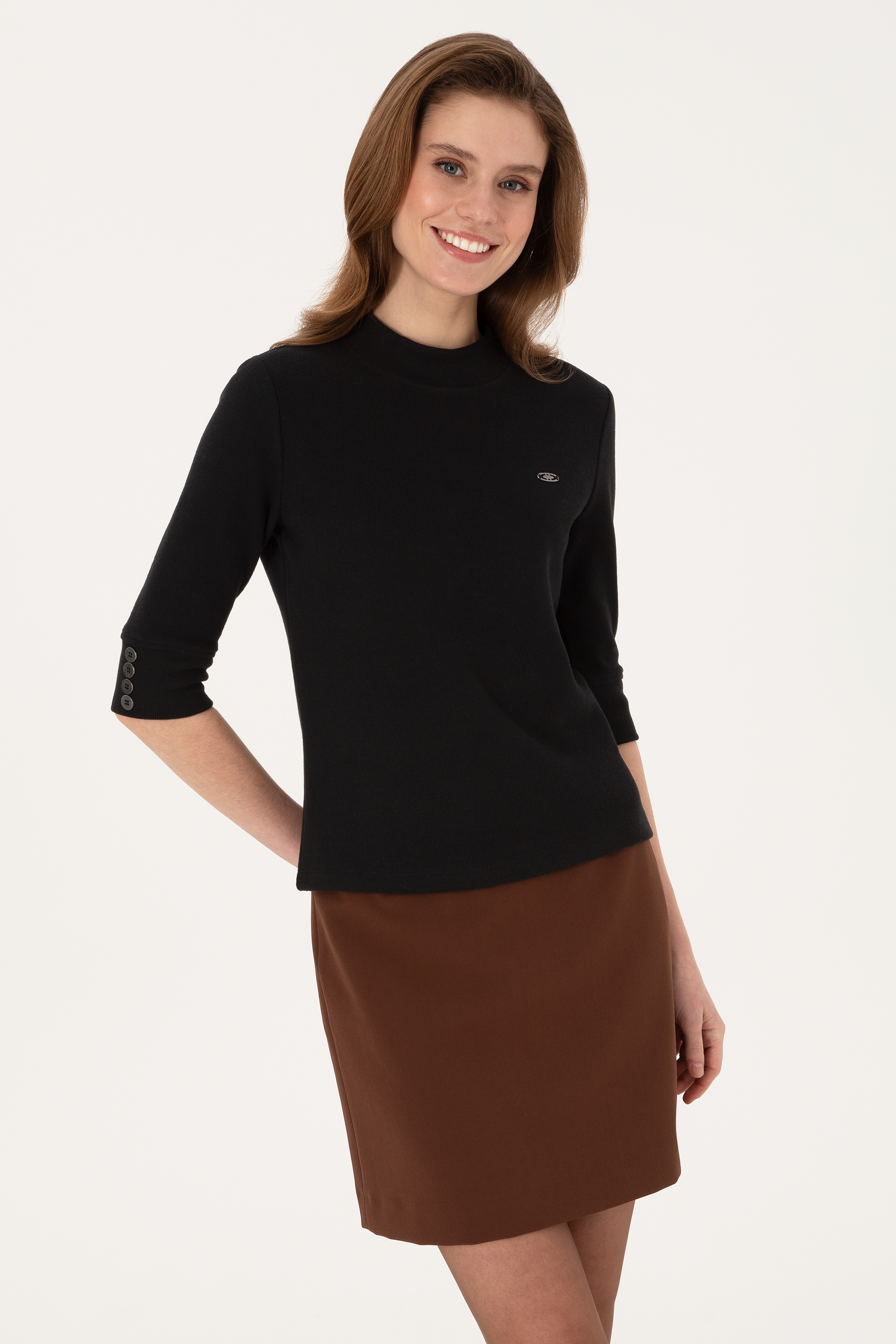Kadın Siyah Düğme Detaylı Balıkçı Yaka Sweatshirt - Image 3