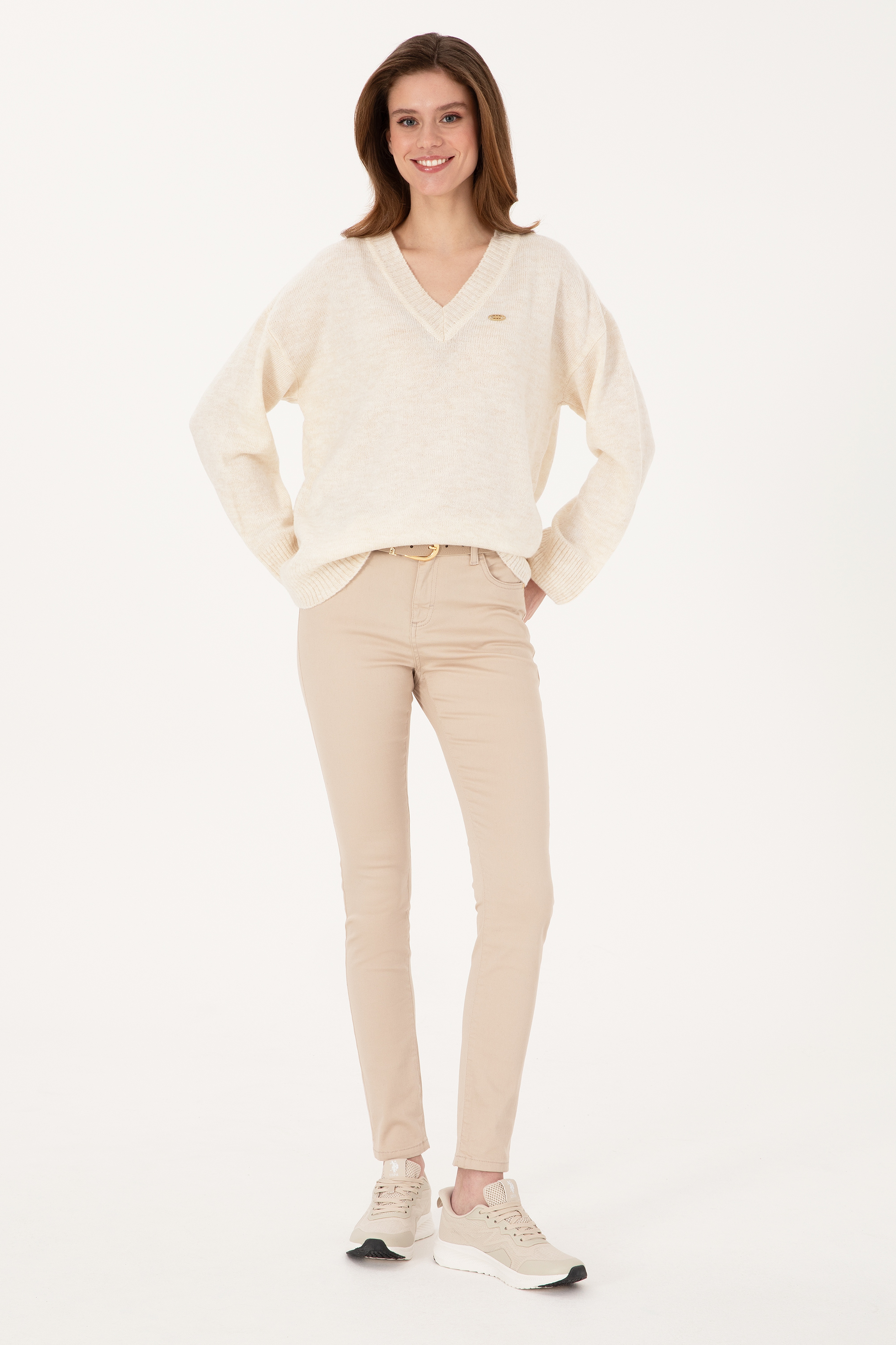 Kadın Krem V Yaka Triko Hırka - Image 4