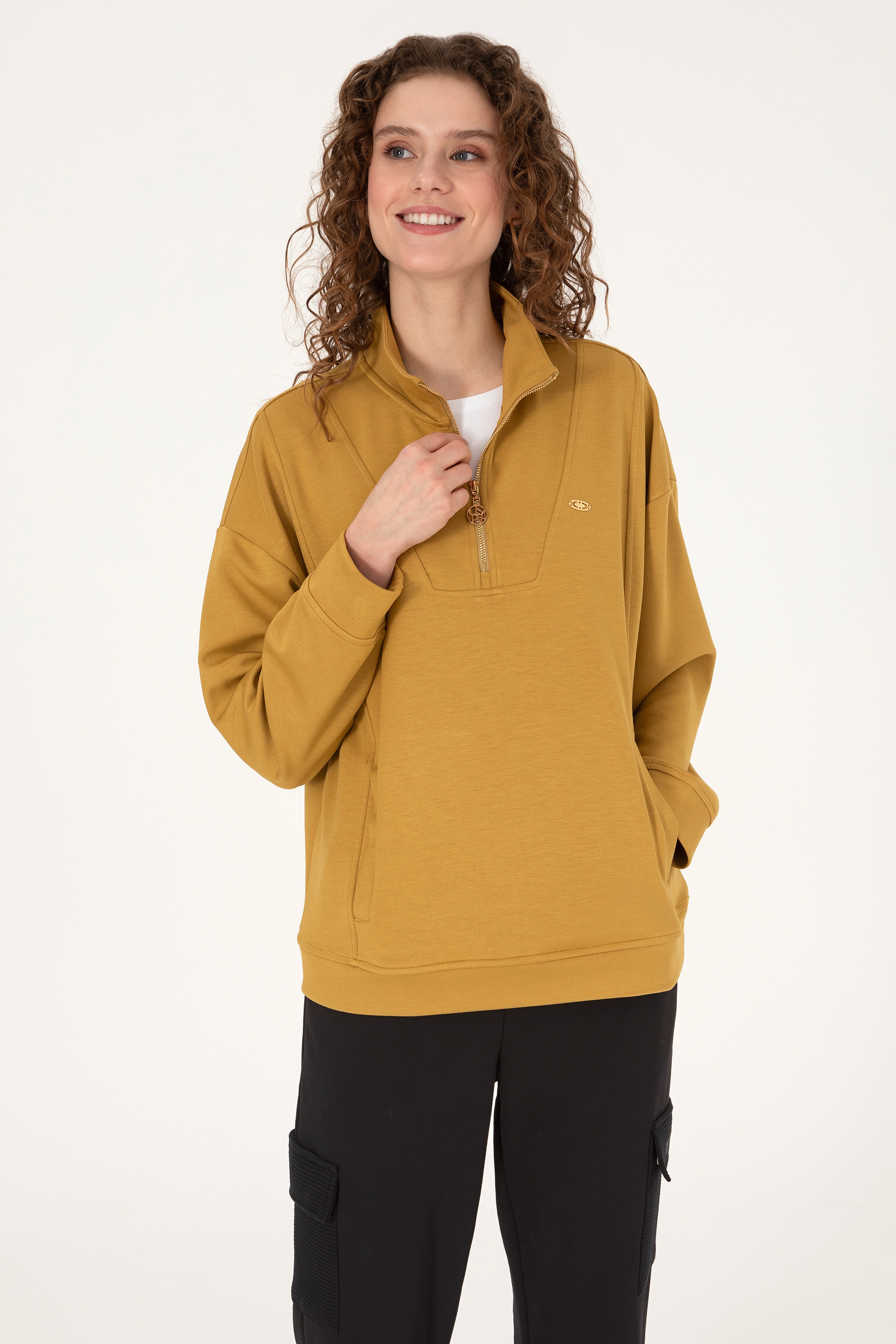 Kadın Hardal Fermuarlı Dik Yaka Sweatshirt - Image 3