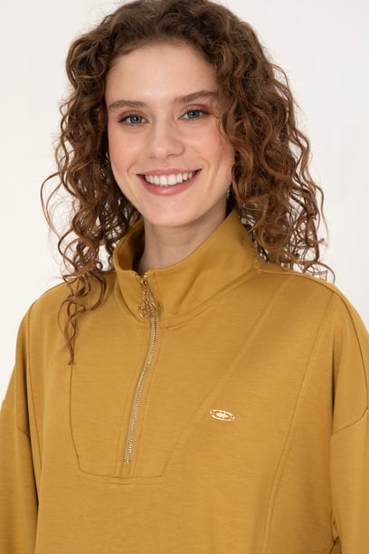 Kadın Hardal Fermuarlı Dik Yaka Sweatshirt