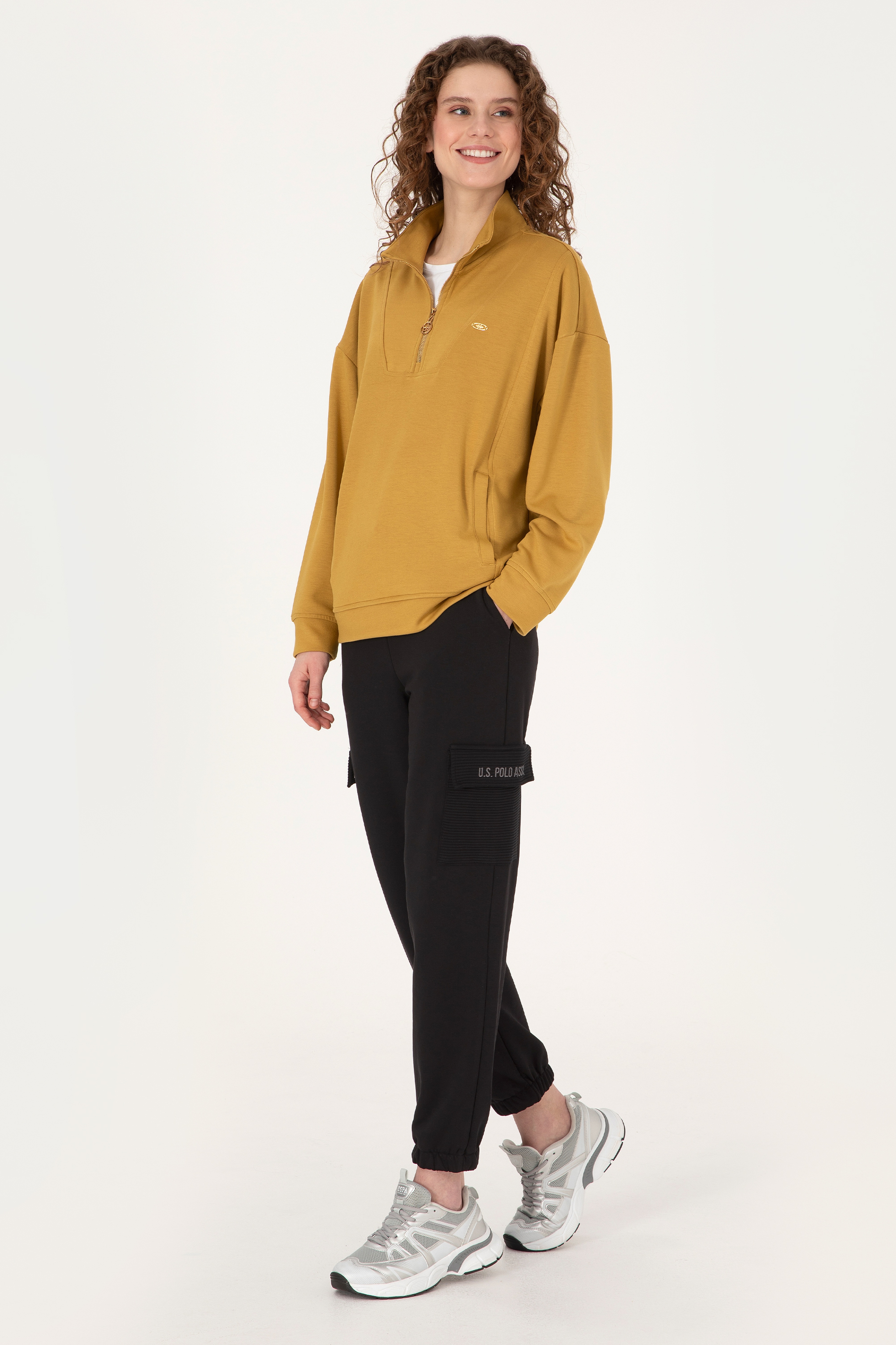 Kadın Hardal Fermuarlı Dik Yaka Sweatshirt