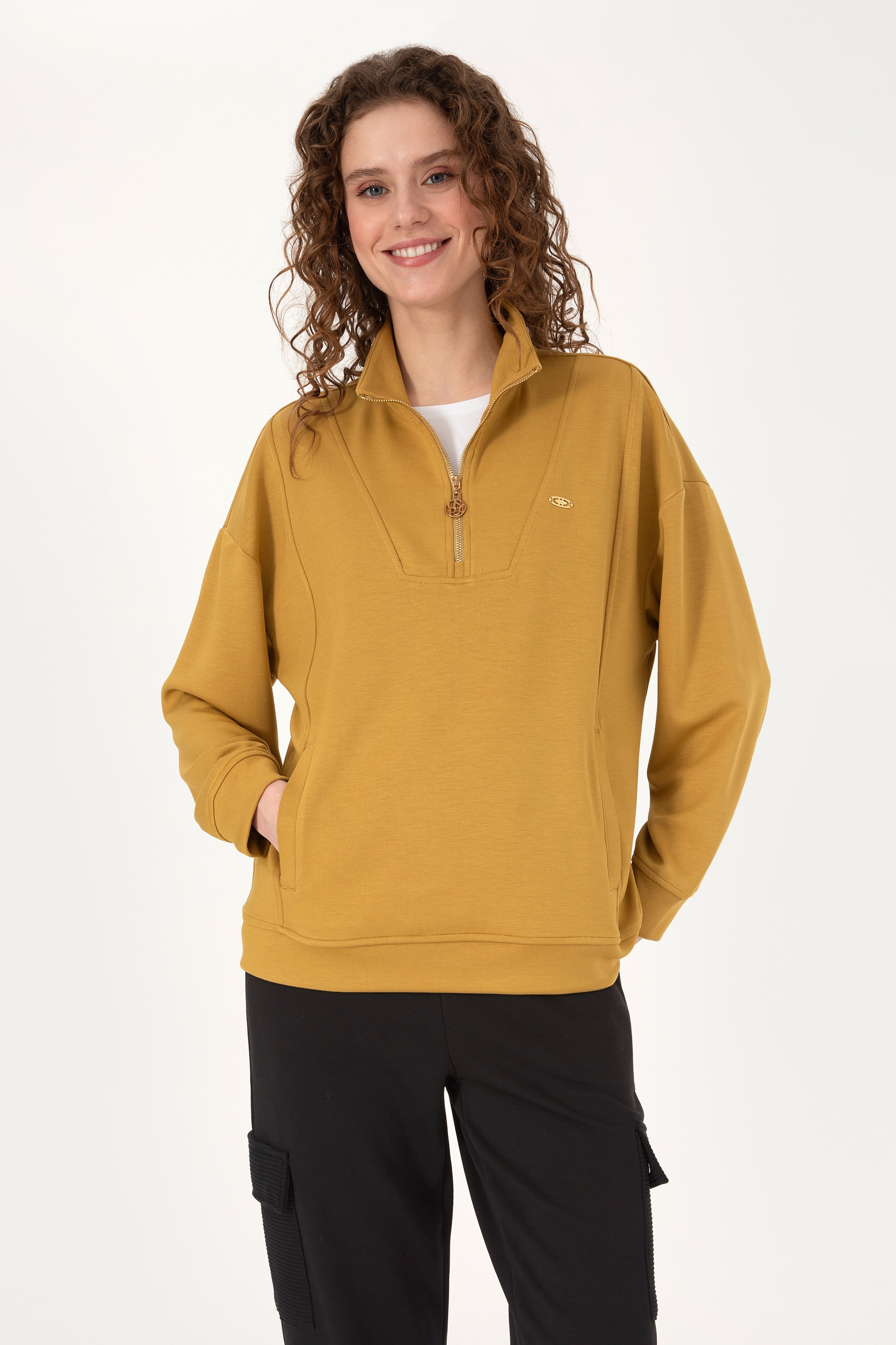 Kadın Hardal Fermuarlı Dik Yaka Sweatshirt - Image 1