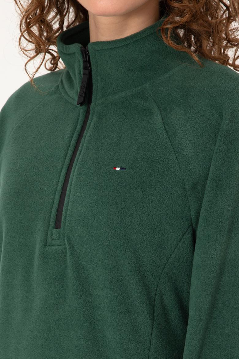 Kadın Koyu Yeşil Fermuarlı Dik Yaka Polar Sweatshirt - 50316714025