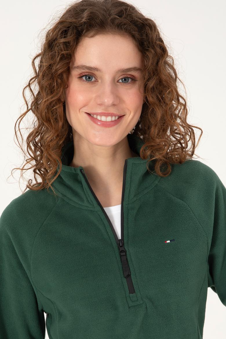 Kadın Koyu Yeşil Fermuarlı Dik Yaka Polar Sweatshirt - 50316714025