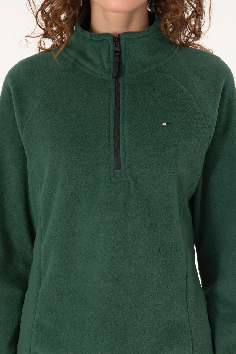 Kadın Koyu Yeşil Fermuarlı Dik Yaka Polar Sweatshirt - 50316714025