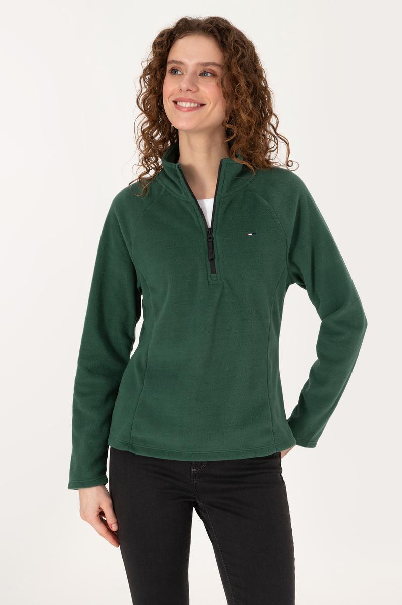 Kadın Koyu Yeşil Fermuarlı Dik Yaka Polar Sweatshirt