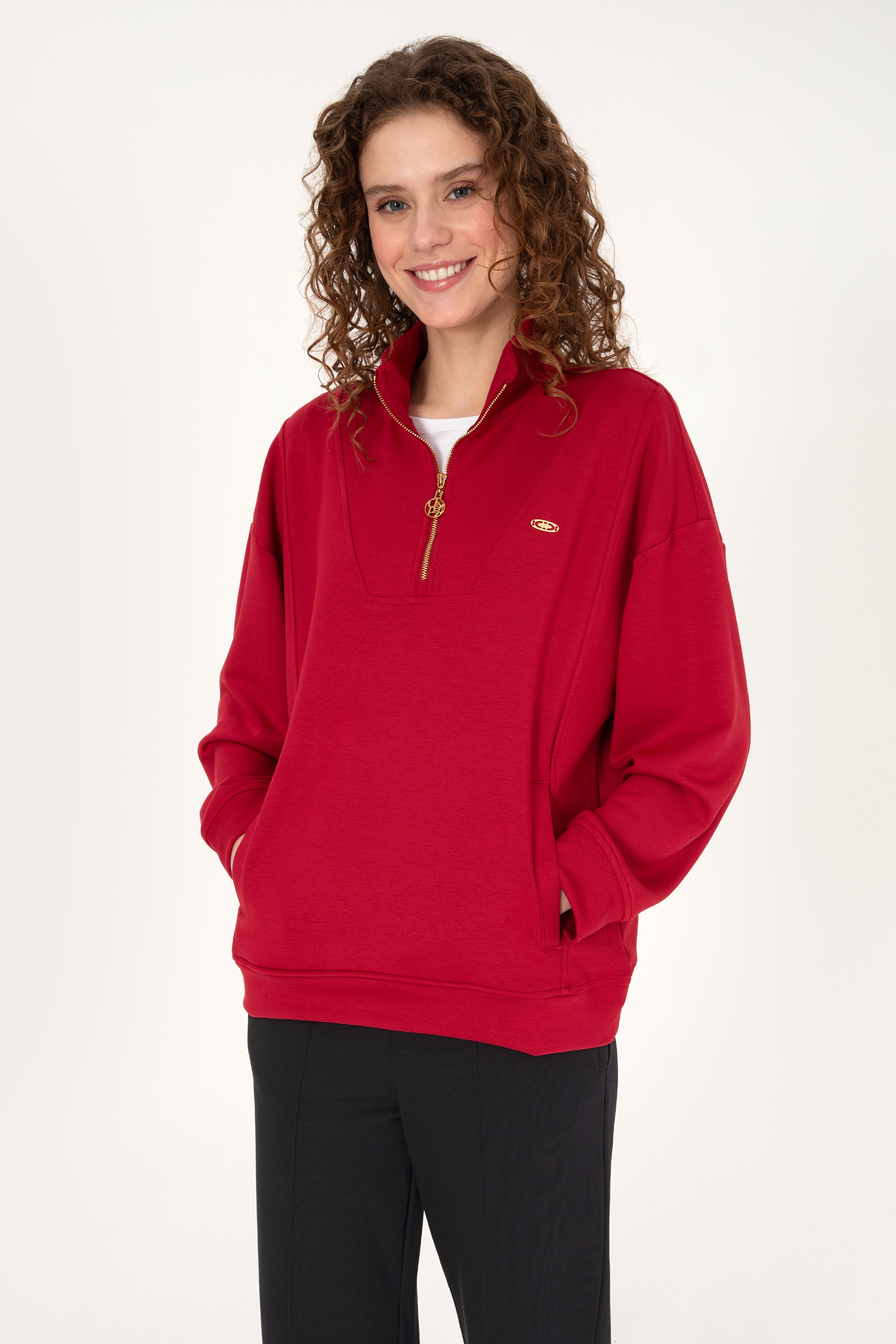 Kadın Koyu Frambuaz Fermuarlı Dik Yaka Sweatshirt