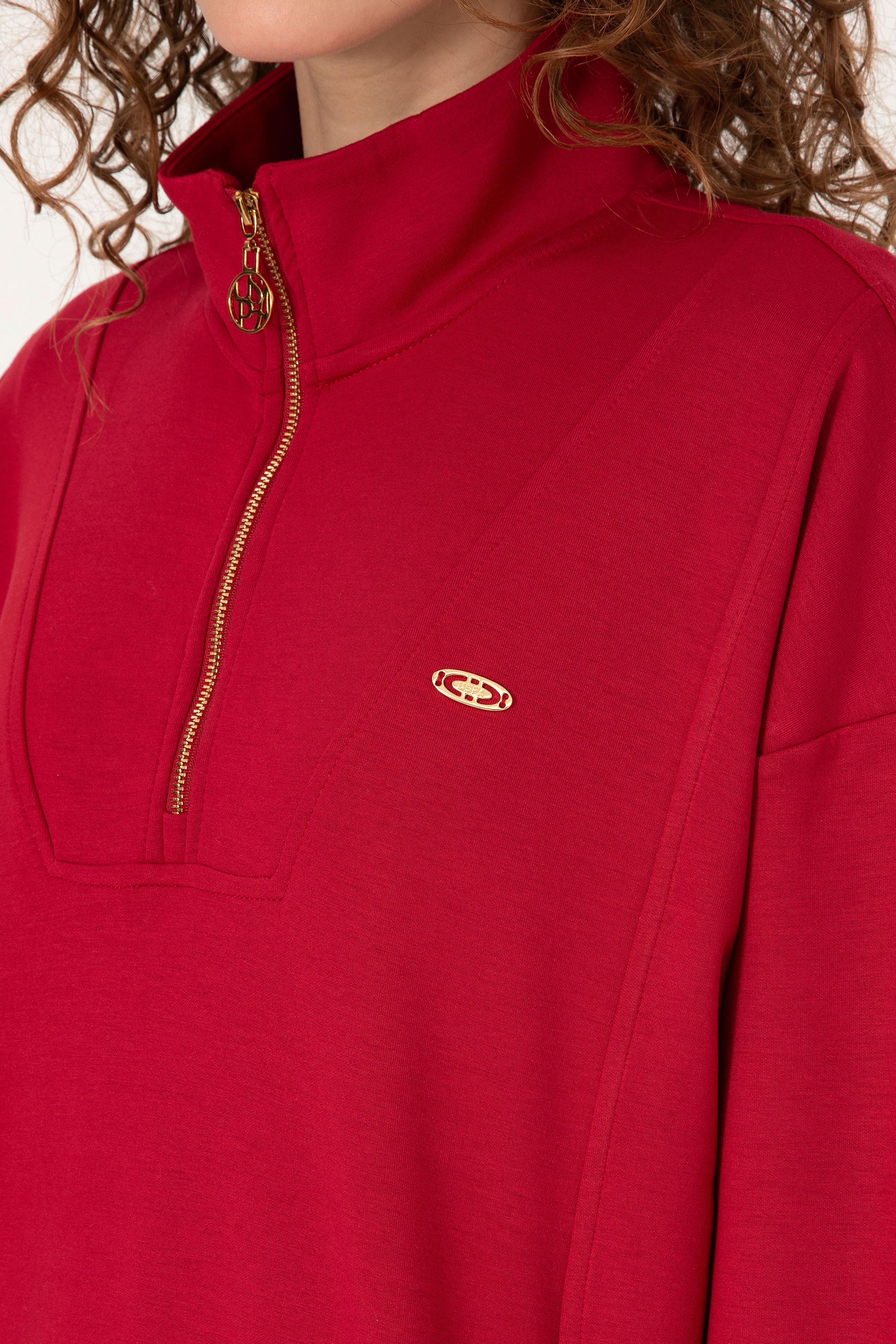 Kadın Koyu Frambuaz Fermuarlı Dik Yaka Sweatshirt - Image 7