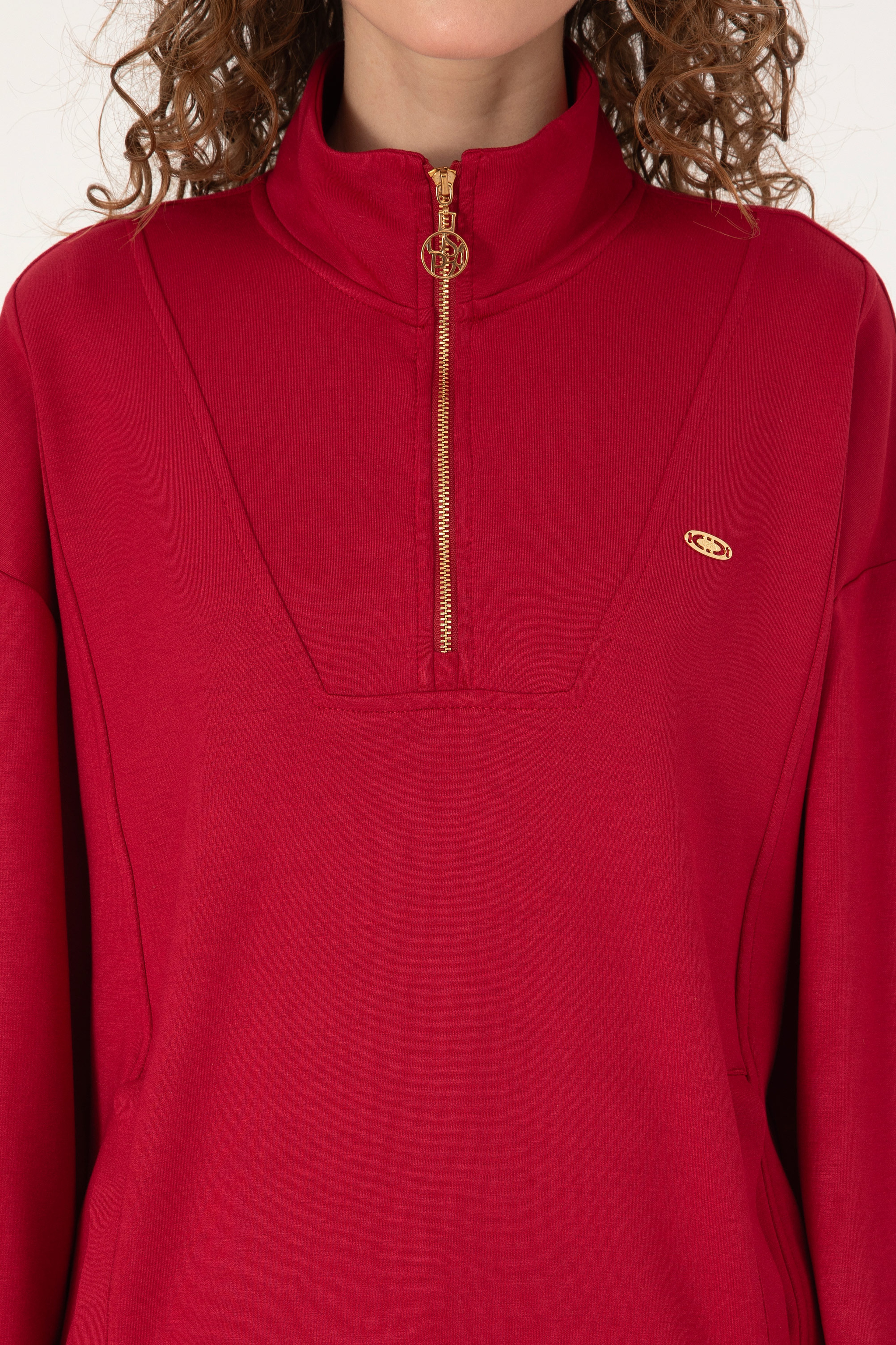 Kadın Koyu Frambuaz Fermuarlı Dik Yaka Sweatshirt - Image 6