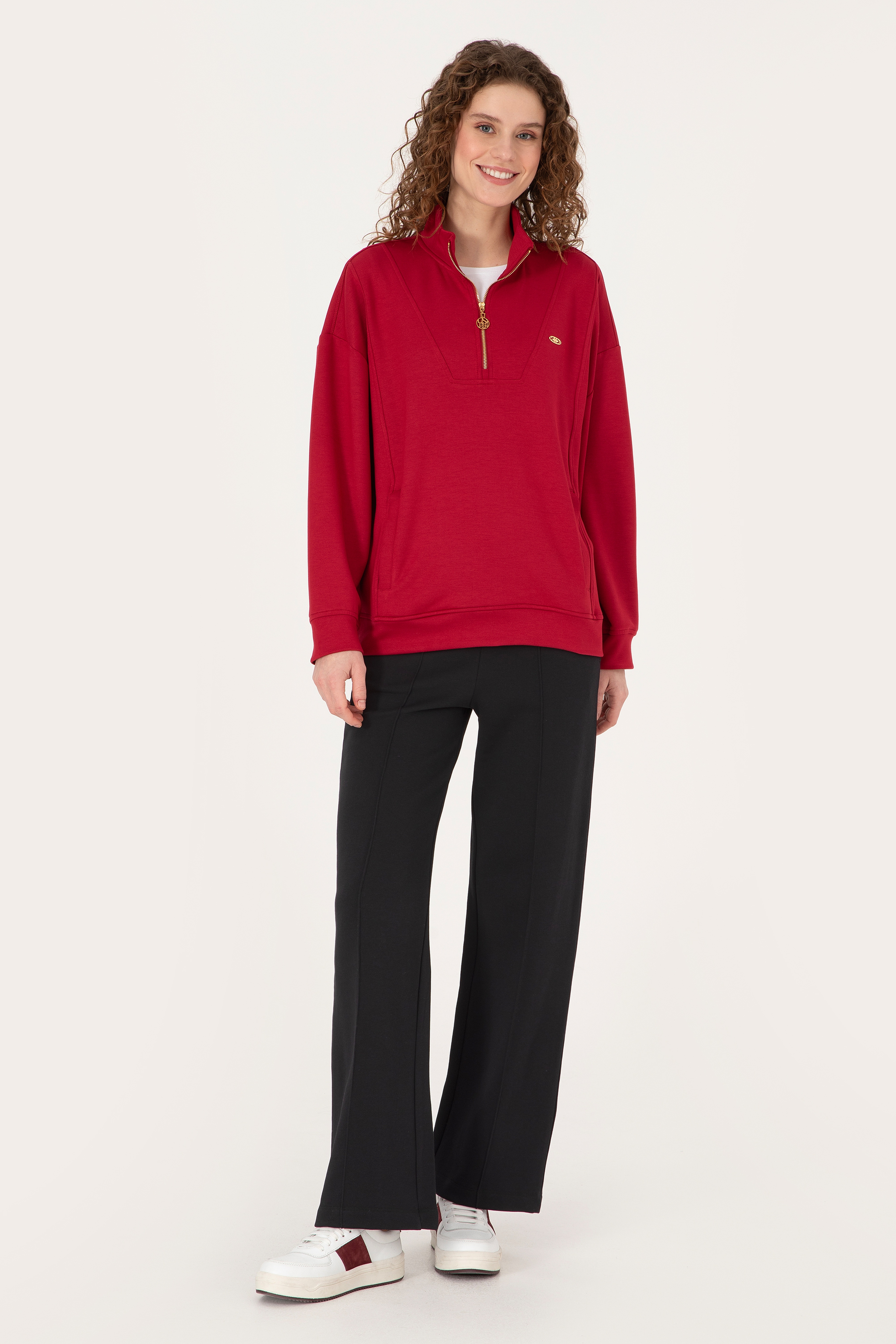 Kadın Koyu Frambuaz Fermuarlı Dik Yaka Sweatshirt