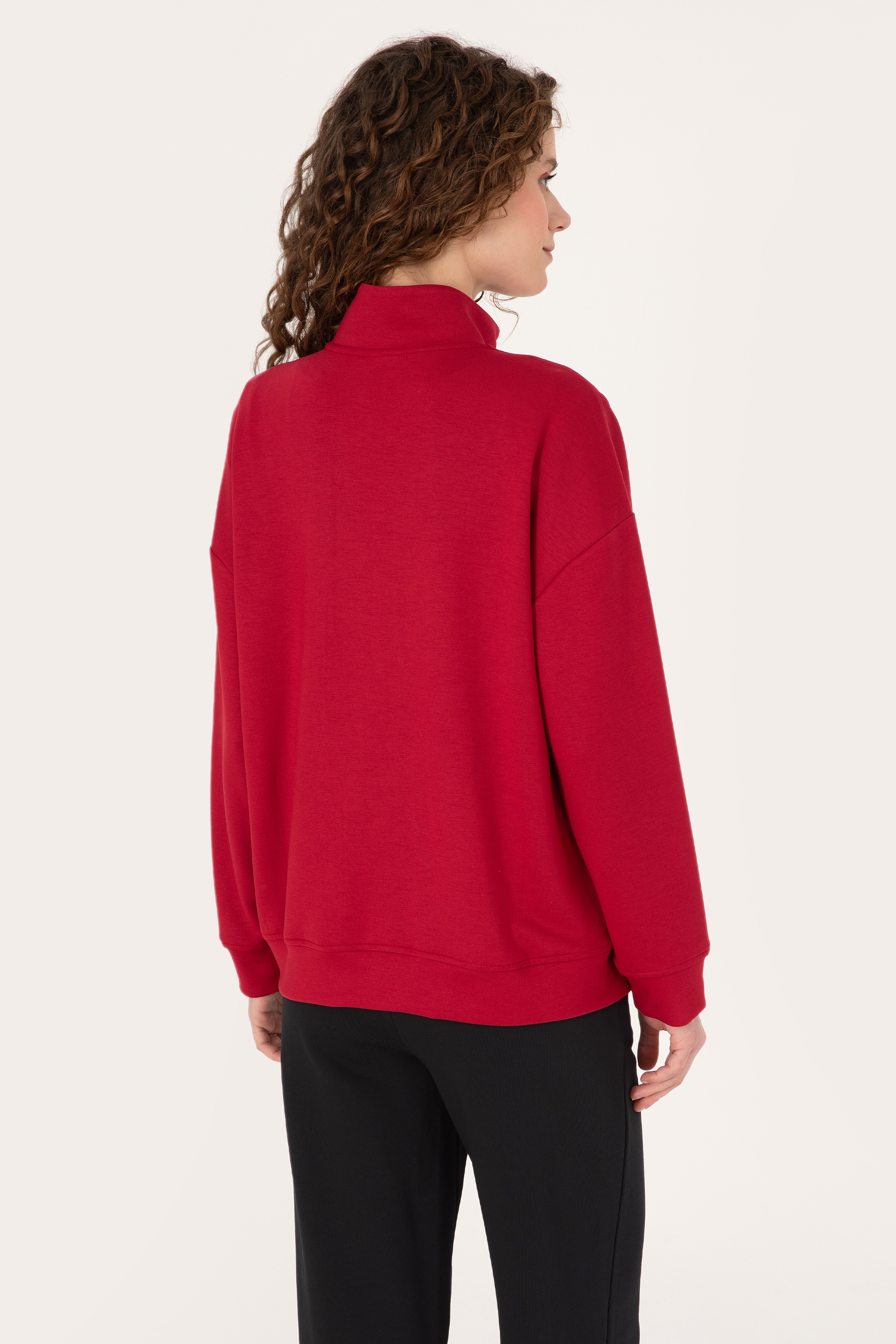 Kadın Koyu Frambuaz Fermuarlı Dik Yaka Sweatshirt - Image 5