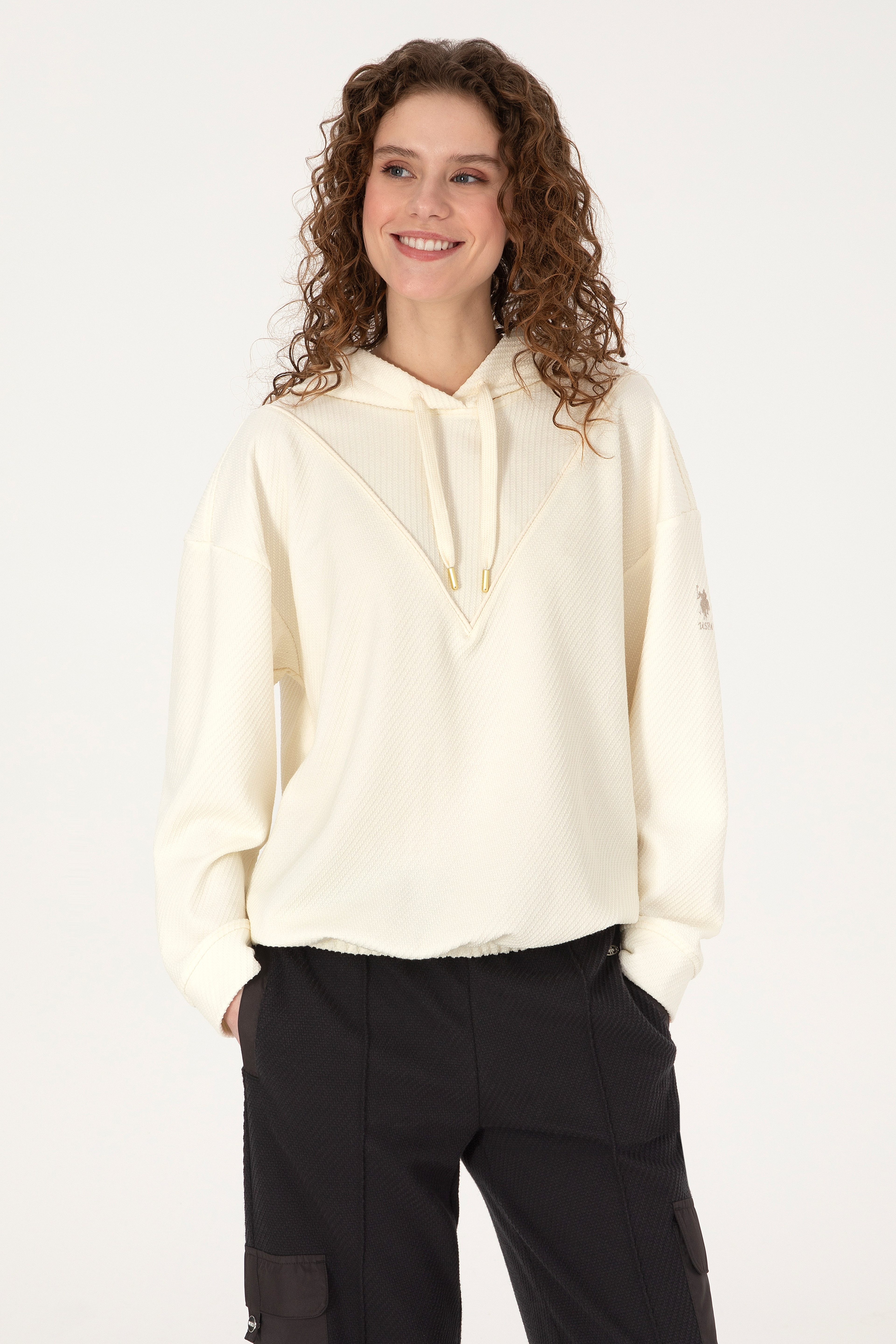 Kadın Krem Kapüşonlu Sweatshirt - Image 1