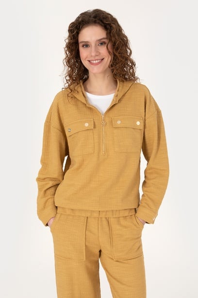 Kadın Hardal Fermuarlı Kapüşonlu Sweatshirt