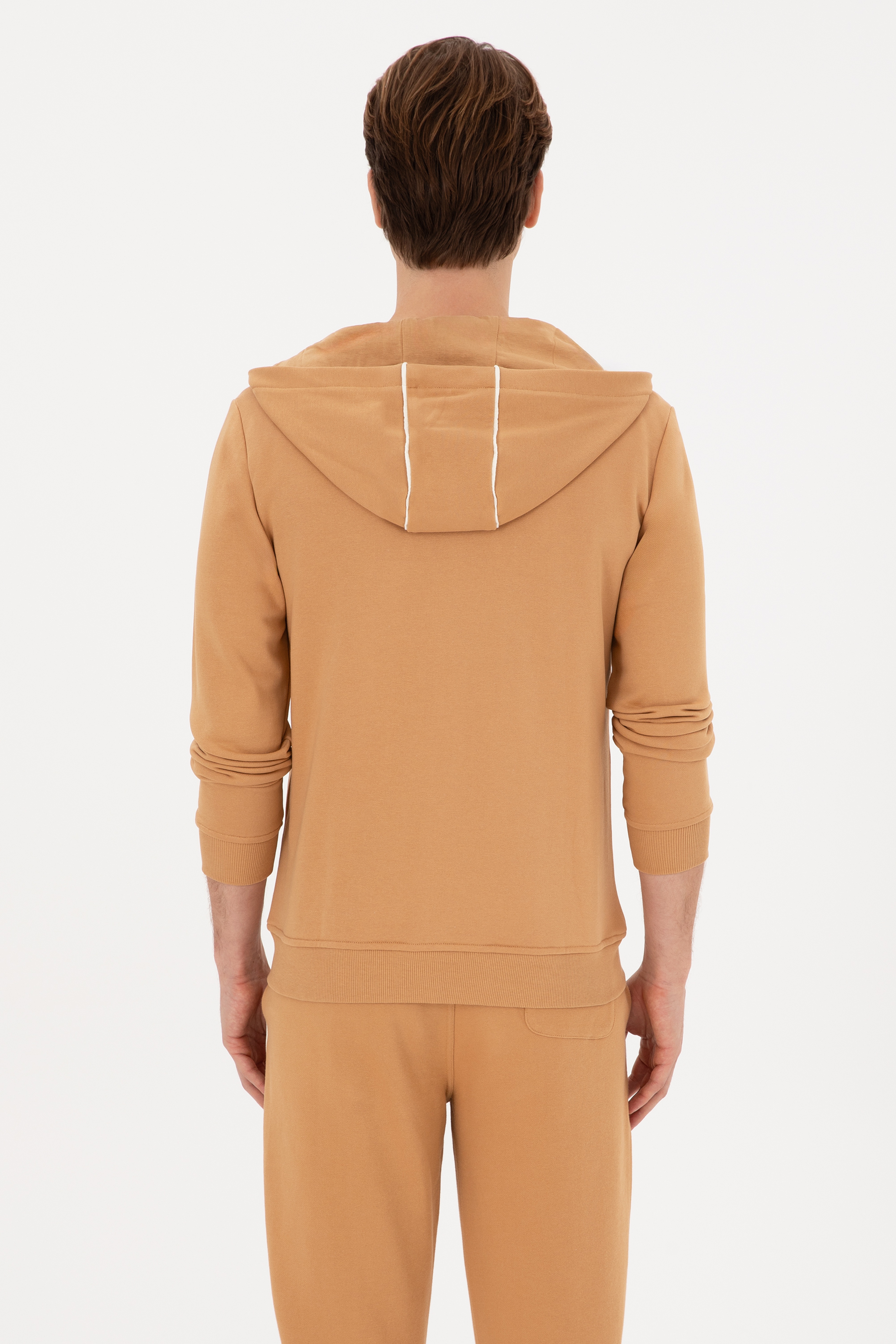 Erkek Regular Fit Fermuarlı Kapüşonlu Camel Örme Hırka - Image 5