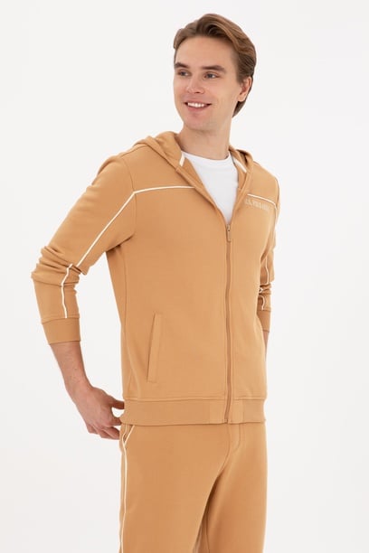 Erkek Regular Fit Fermuarlı Kapüşonlu Camel Örme Hırka