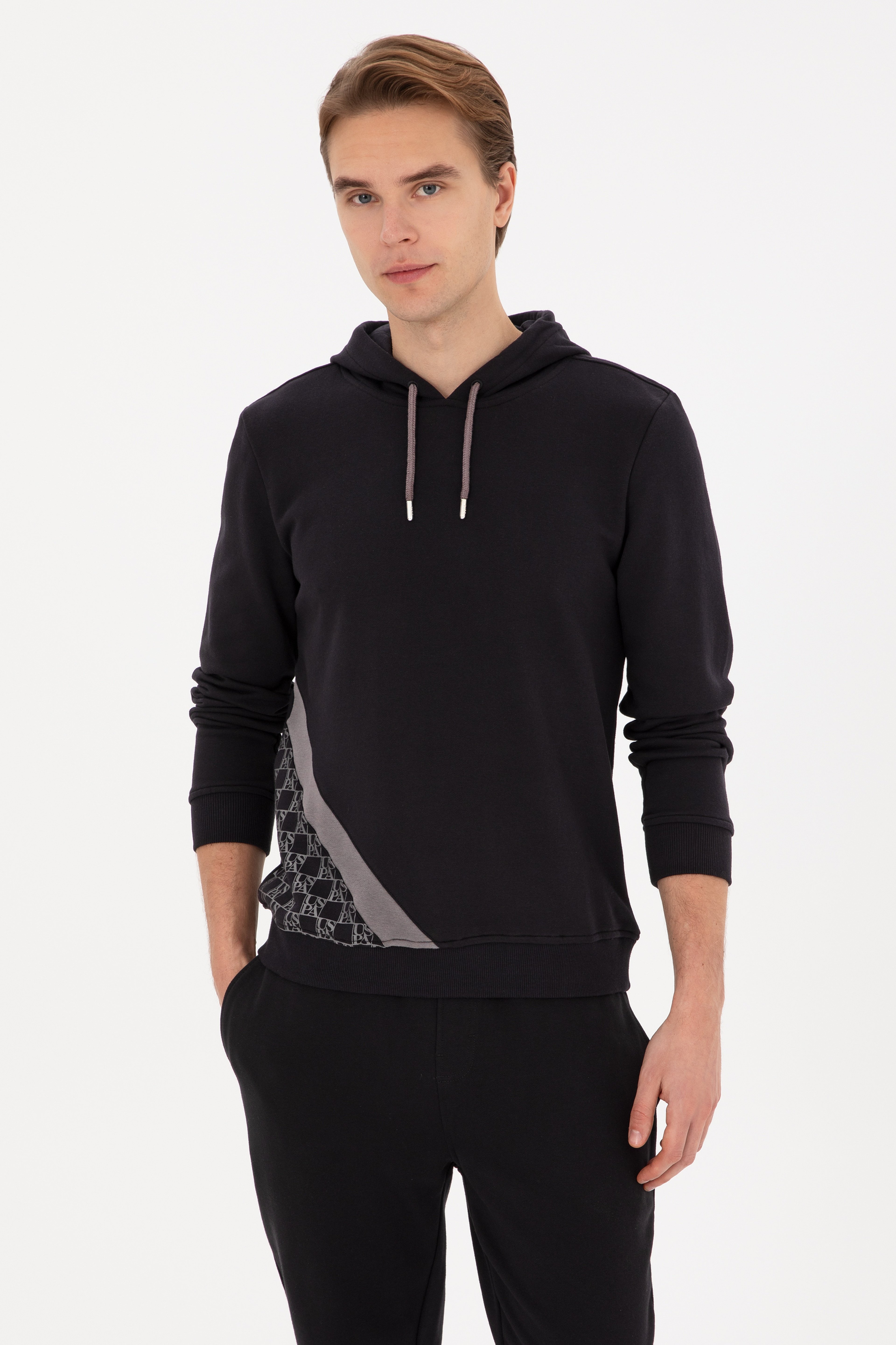 Erkek Regular Fit Kapüşonlu Siyah Sweatshirt - Image 1