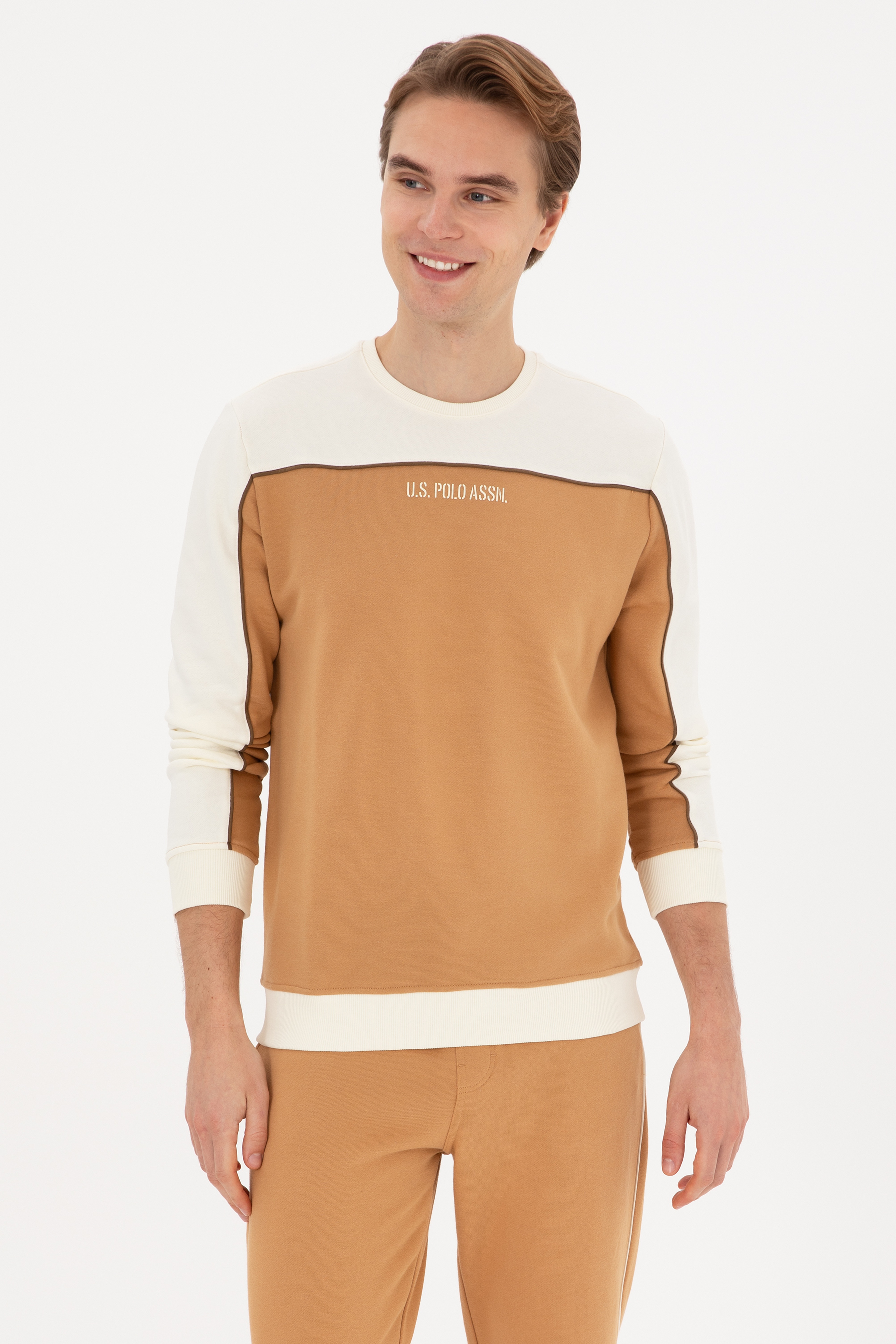 Erkek Regular Fit Bisiklet Yaka Camel Sweatshirt - Image 1