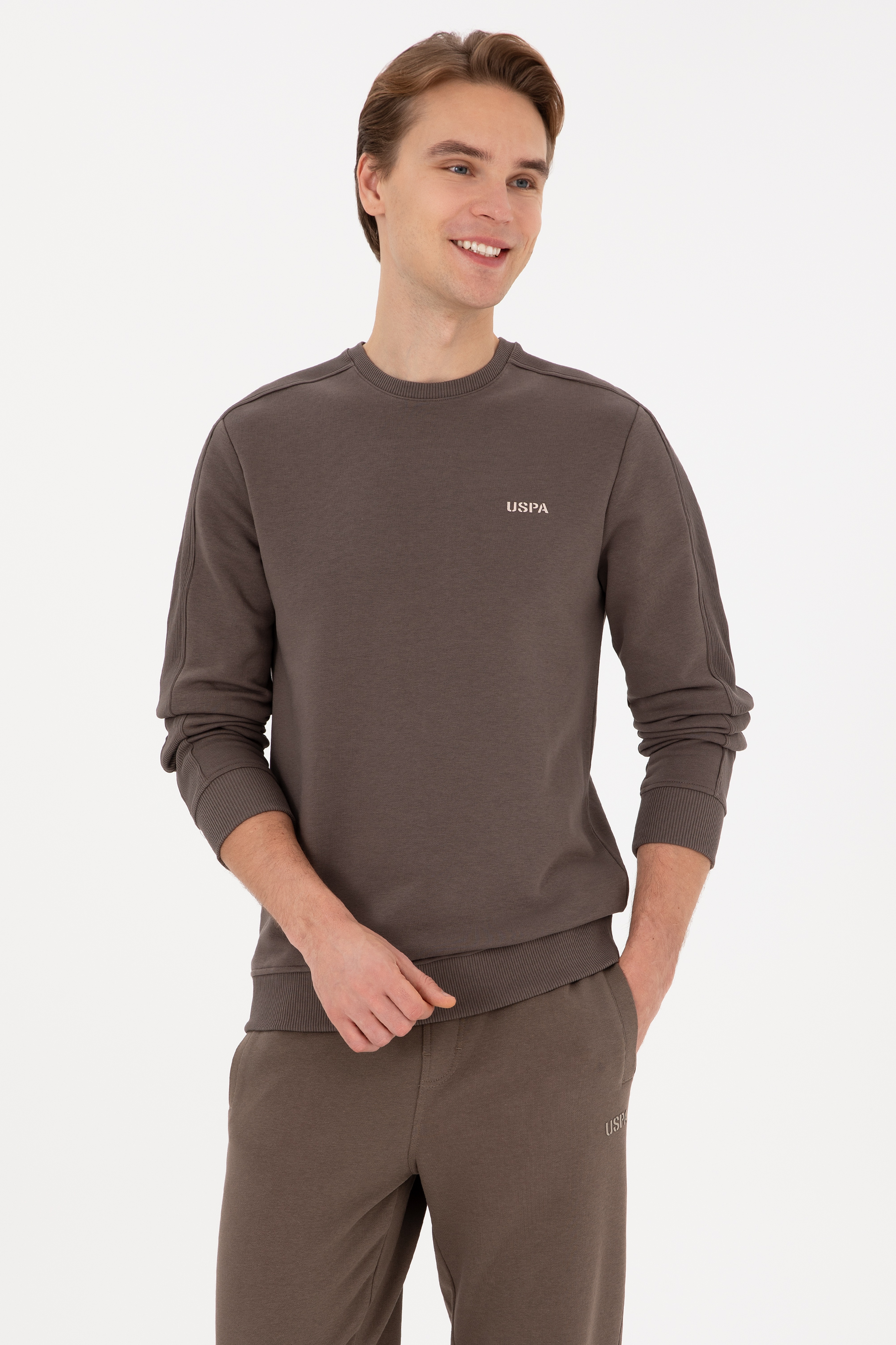 Erkek Regular Fit Bisiklet Yaka Vizon Sweatshirt